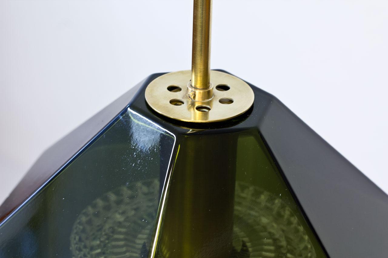 Mid-20th Century Green Tinted Glass & Brass Pendant Lamp by Carl Fagerlund for Orrefors, Sweden For Sale