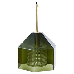 Vintage Green Tinted Glass & Brass Pendant Lamp by Carl Fagerlund for Orrefors, Sweden