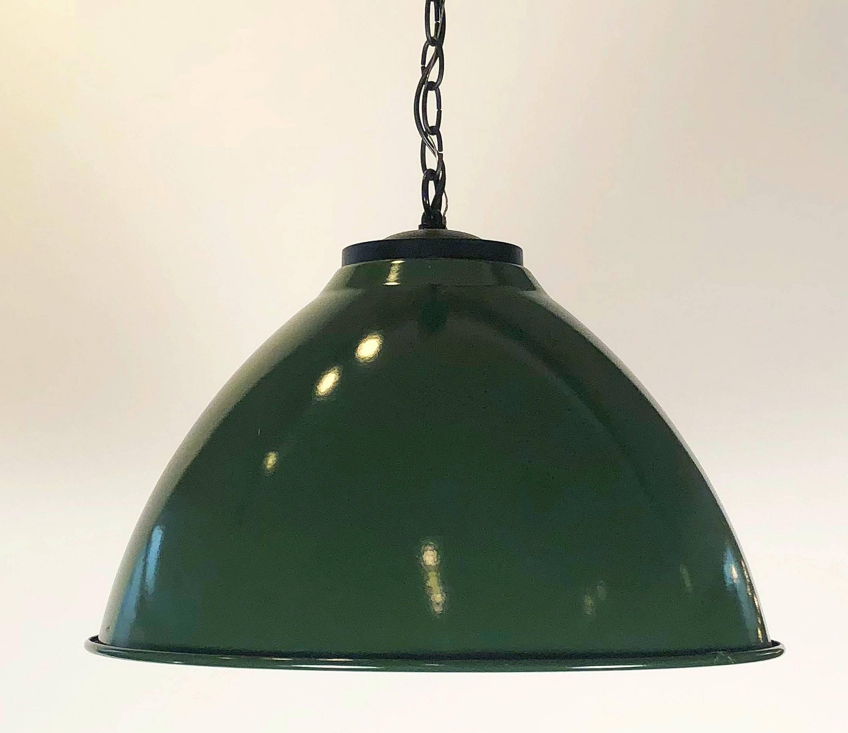 English Green Tole Industrial Hanging Lamps or Lanterns from England (18 1/4