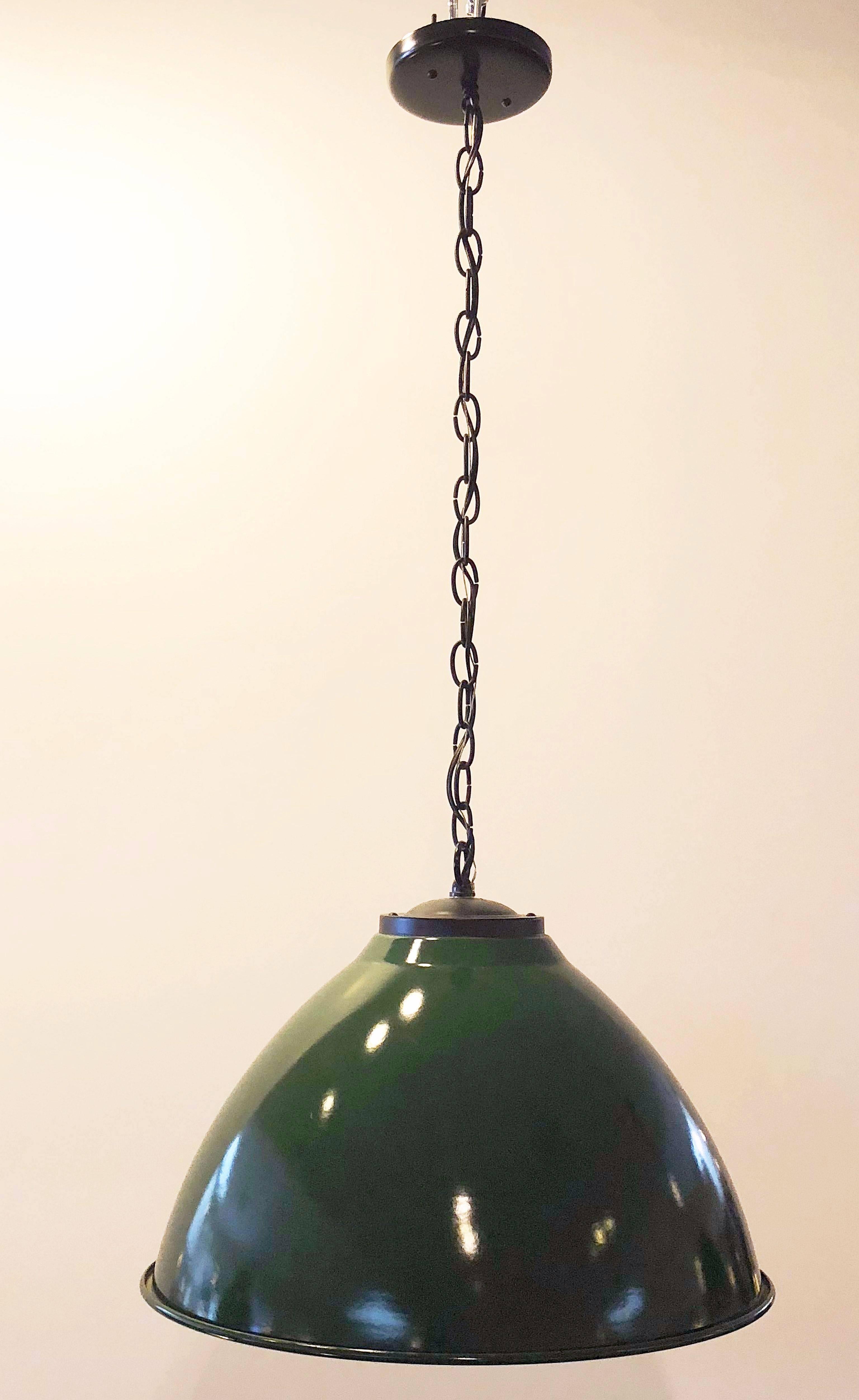 Enameled Green Tole Industrial Hanging Lamps or Lanterns from England (18 1/4