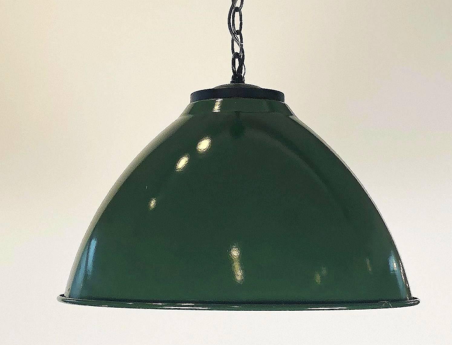 Green Tole Industrial Hanging Lamps or Lanterns from England (18 1/4