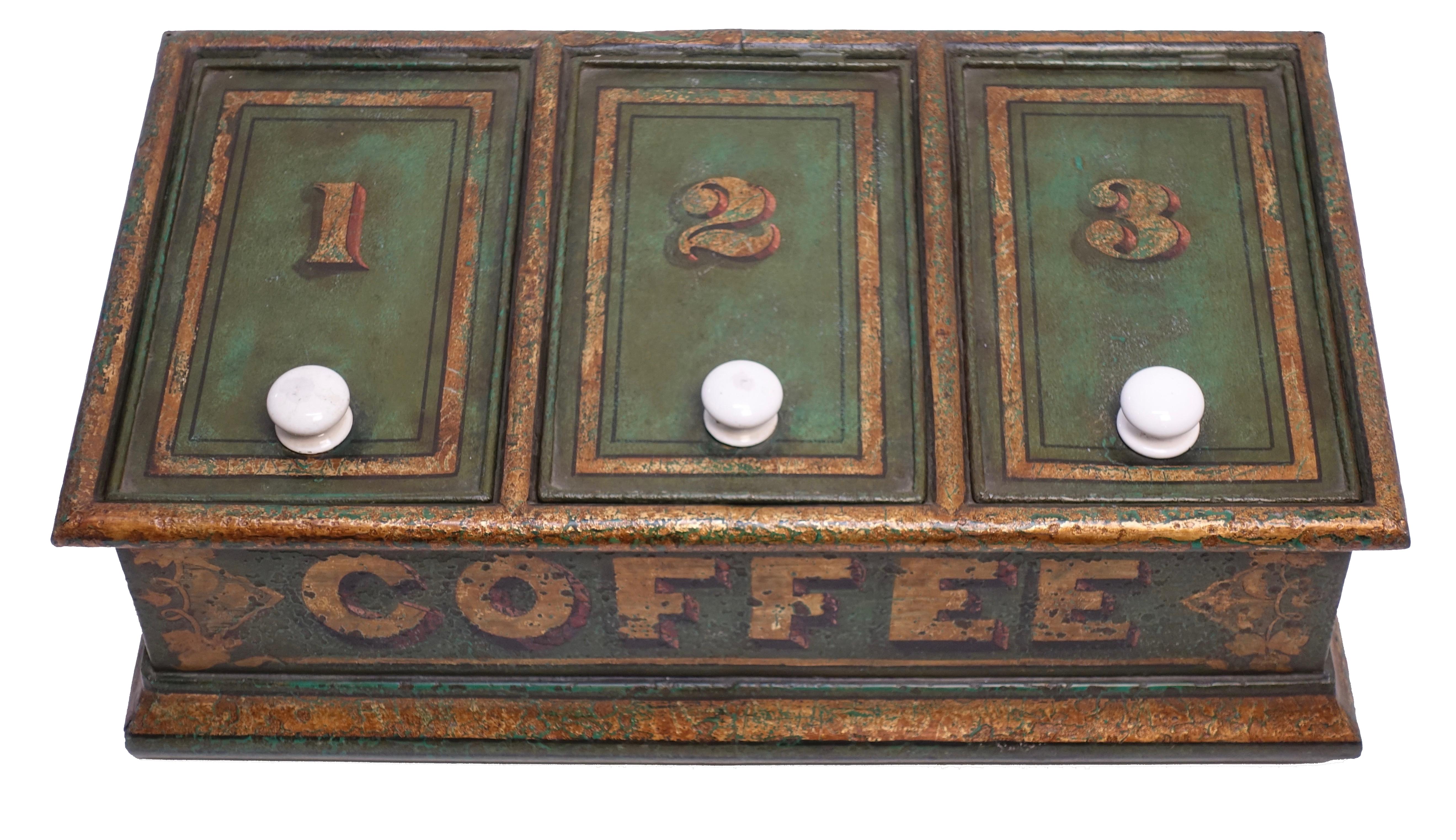 Wonderful old tole painted green and parcel-gilt store display bin for coffee, English, circa 1830, 19th century.
