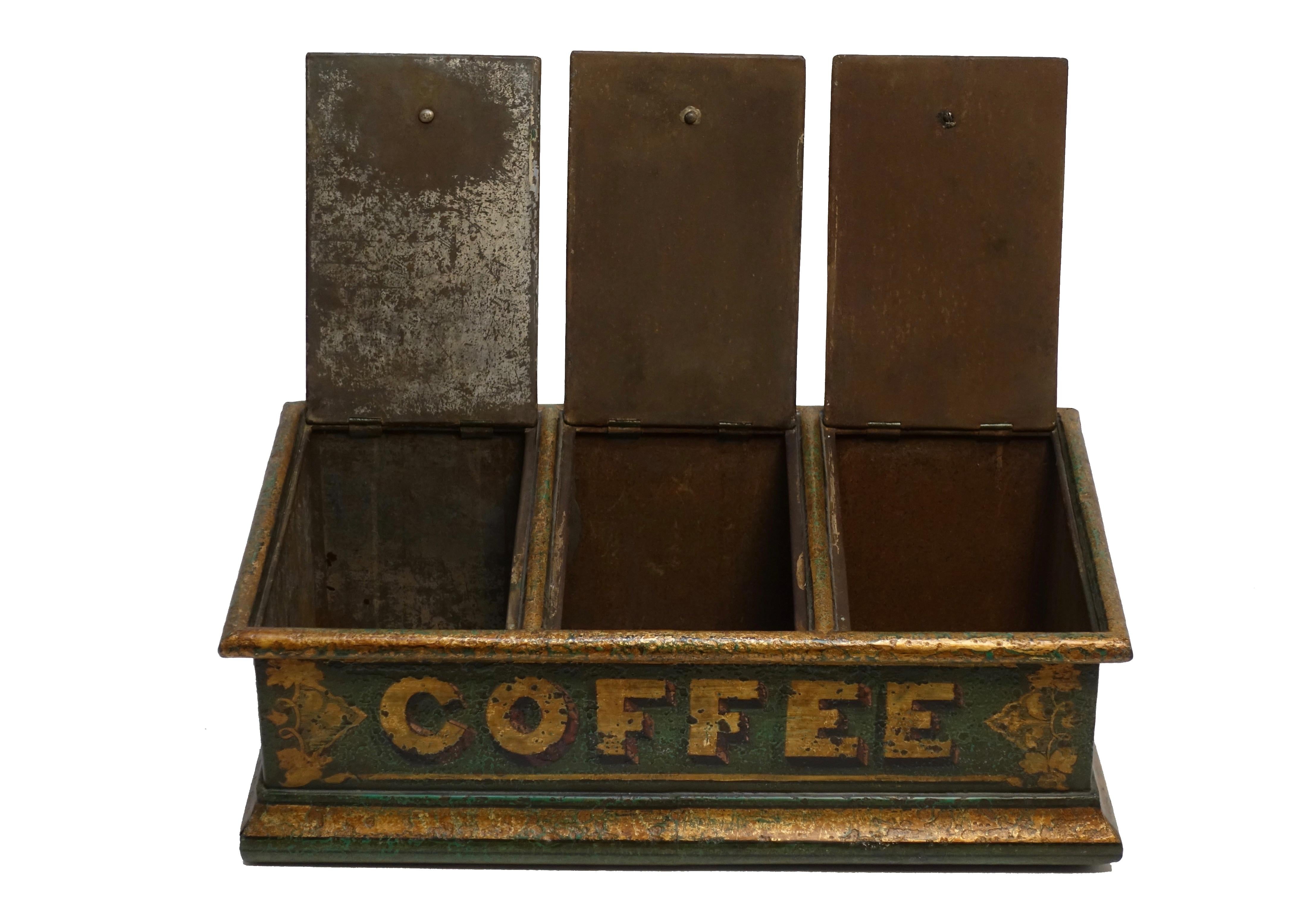 English Green Tole Painted Coffee Bin Store Display Dispenser, England, 19th Century