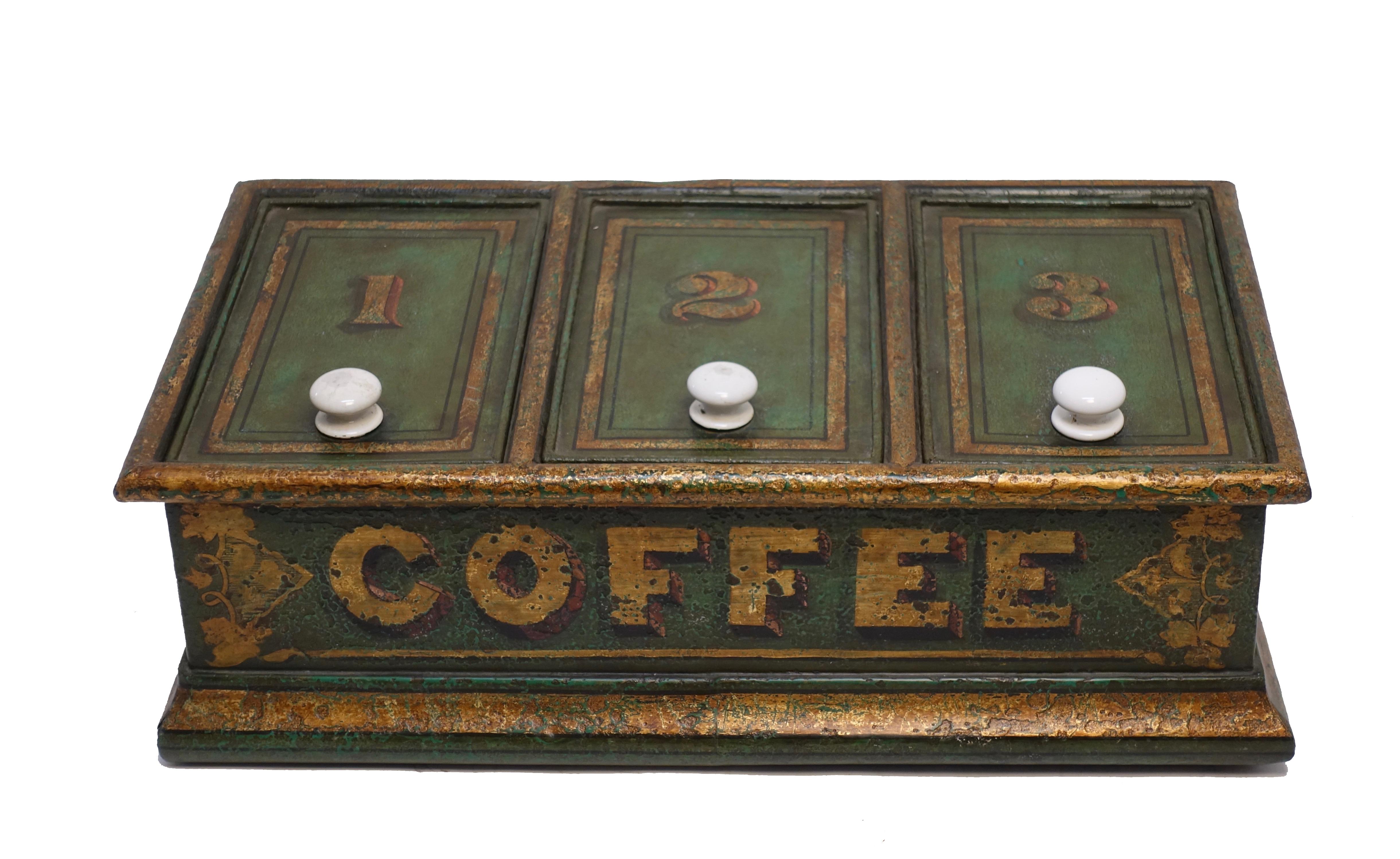 Gilt Green Tole Painted Coffee Bin Store Display Dispenser, England, 19th Century