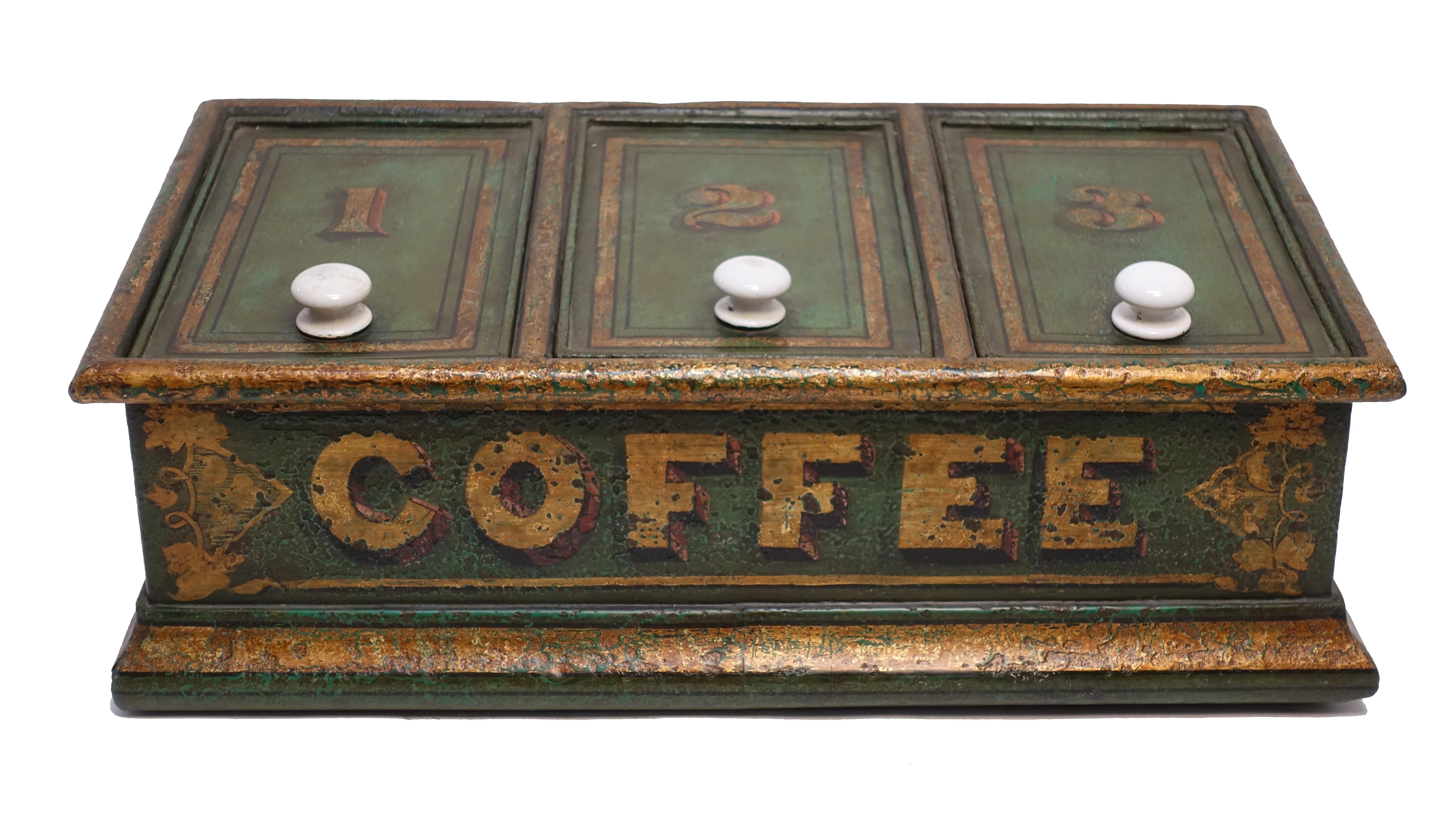 Green Tole Painted Coffee Bin Store Display Dispenser, England, 19th Century In Excellent Condition In San Francisco, CA
