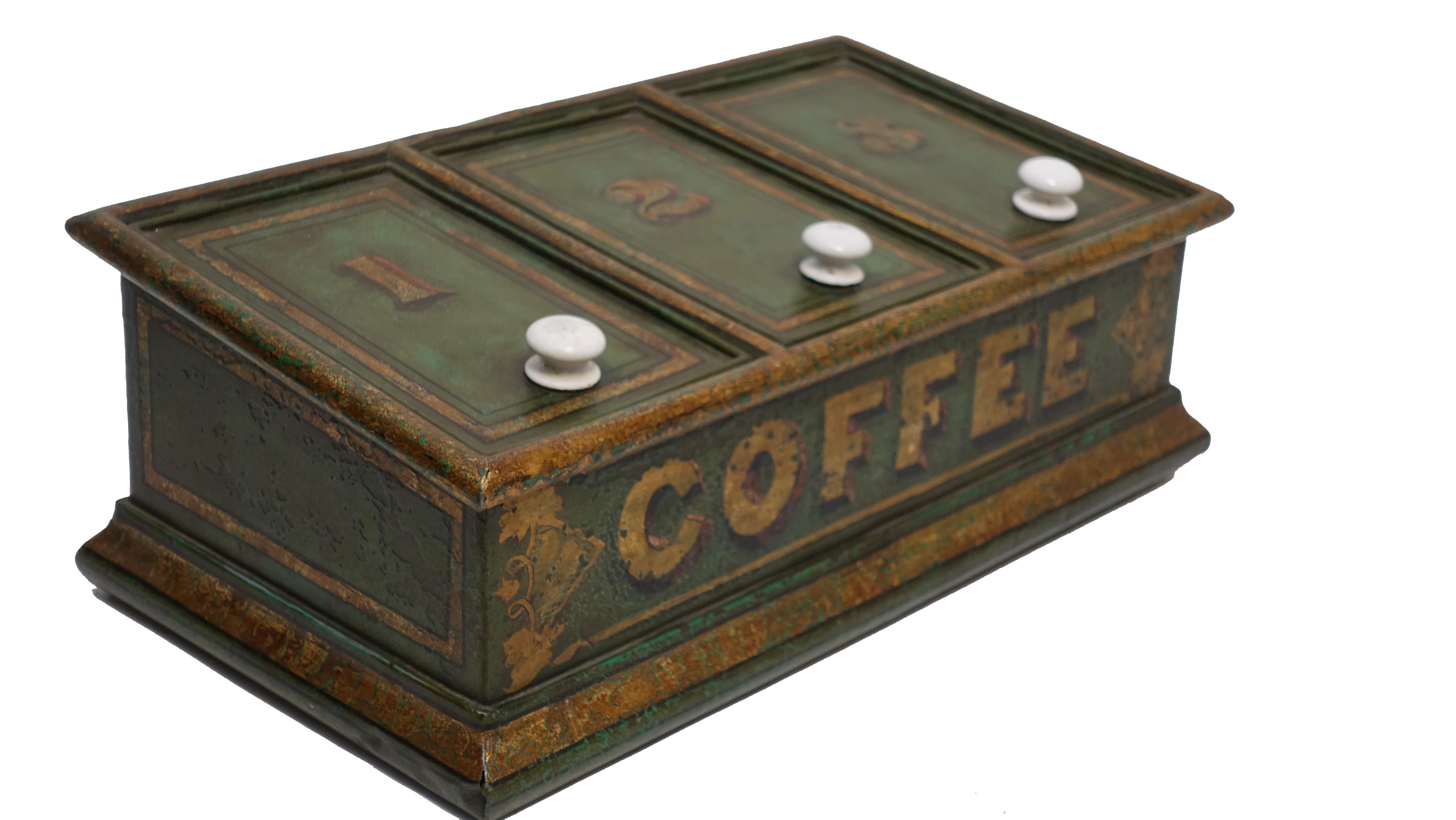 Tin Green Tole Painted Coffee Bin Store Display Dispenser, England, 19th Century