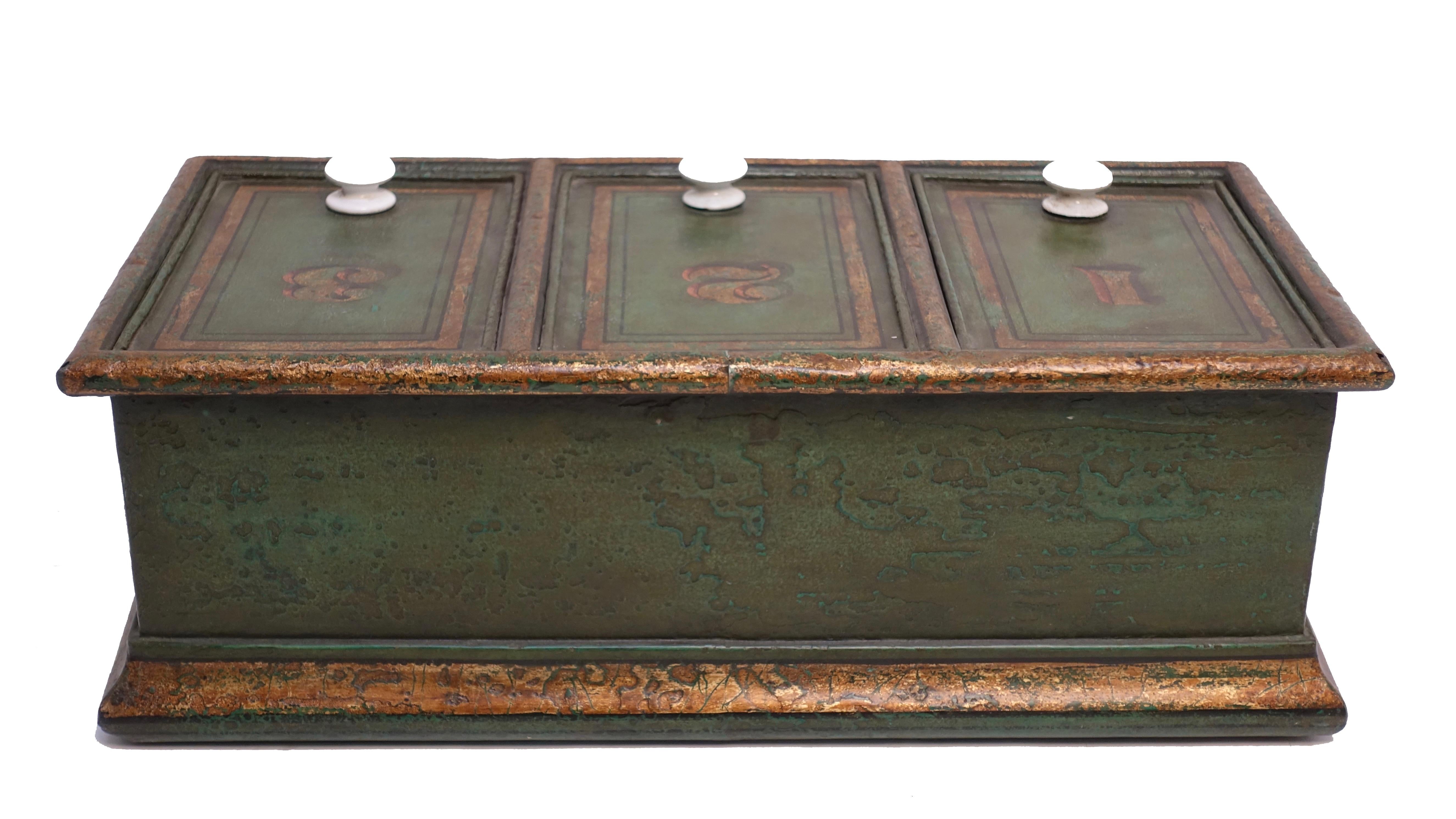 Green Tole Painted Coffee Bin Store Display Dispenser, England, 19th Century 1
