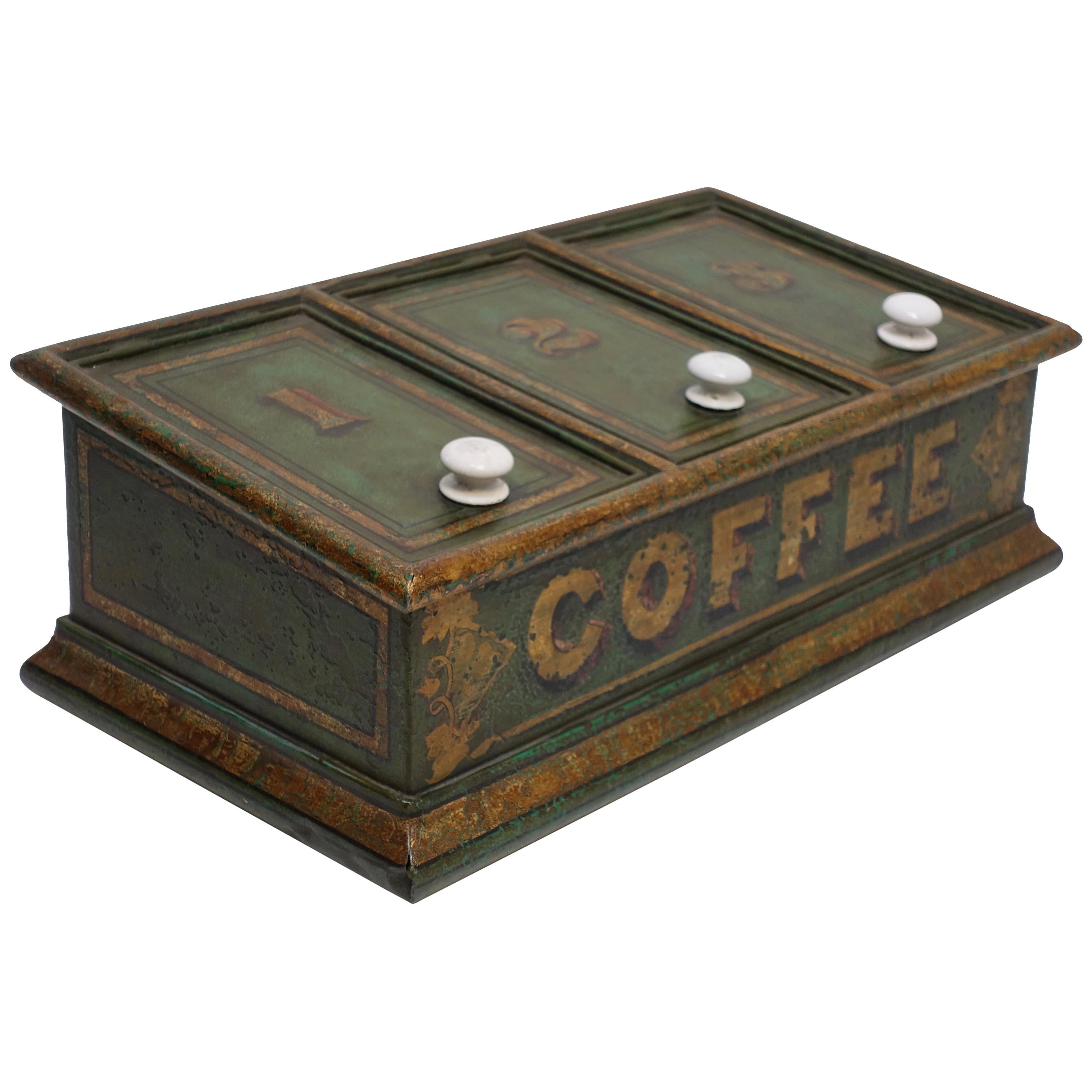 Green Tole Painted Coffee Bin Store Display Dispenser, England, 19th Century