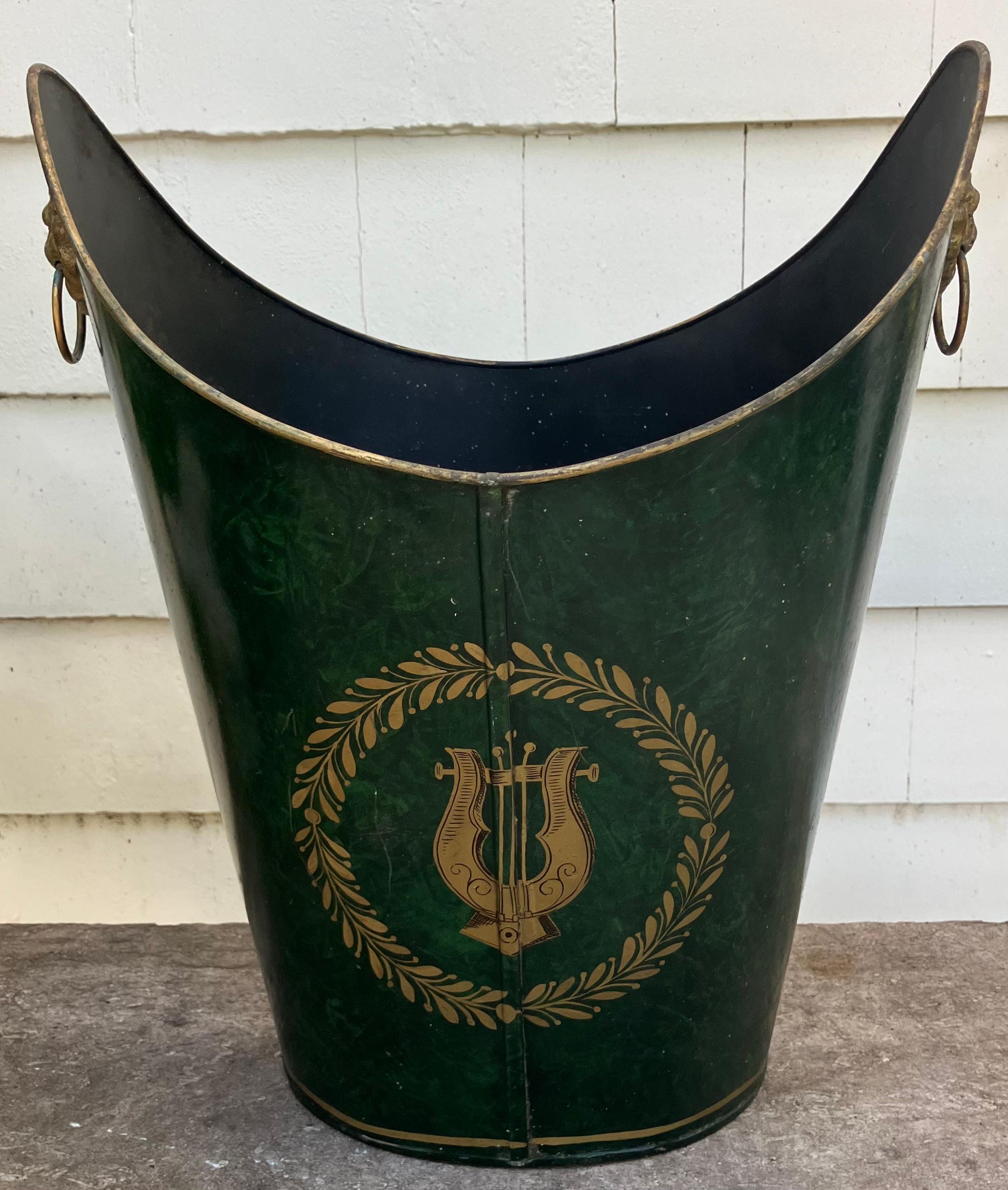 Empire Green Tole Wastebasket With Lion Ring Handles For Sale