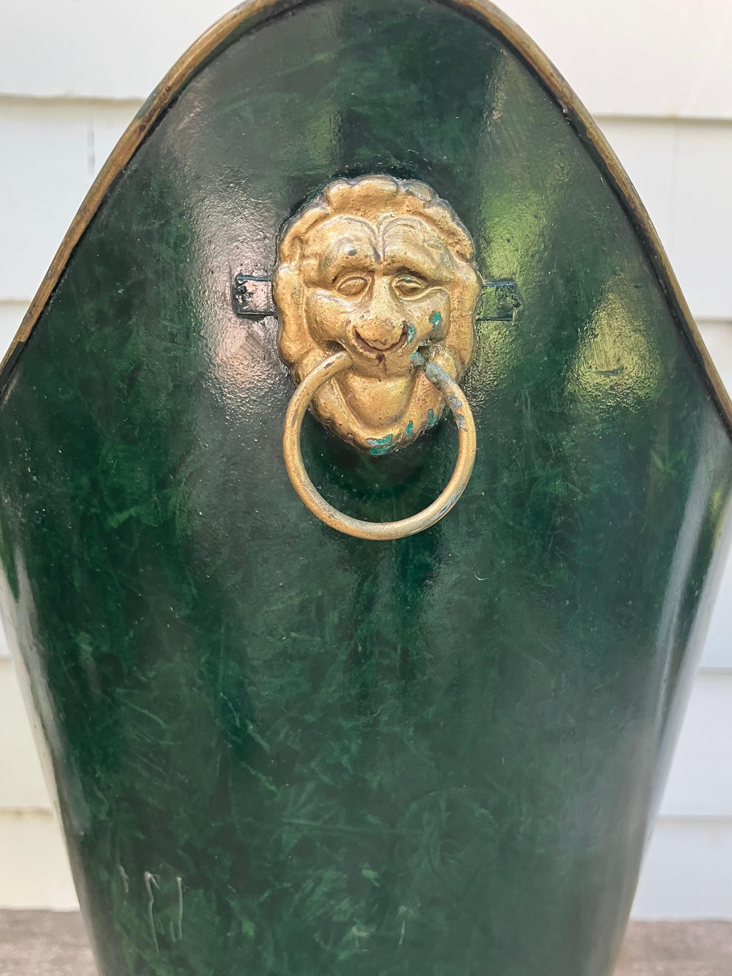 American Green Tole Wastebasket With Lion Ring Handles For Sale