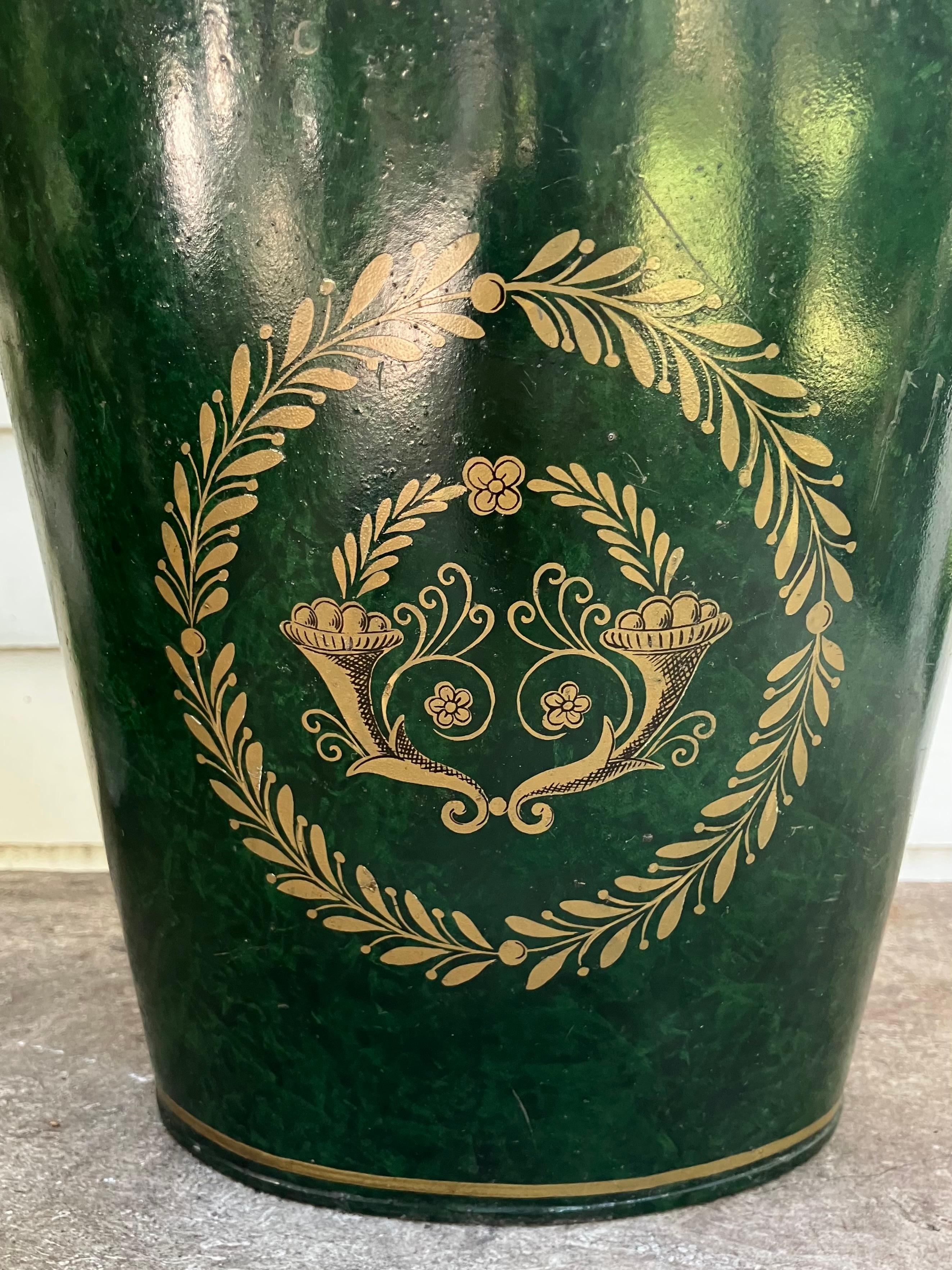 Mid-20th Century Green Tole Wastebasket With Lion Ring Handles For Sale
