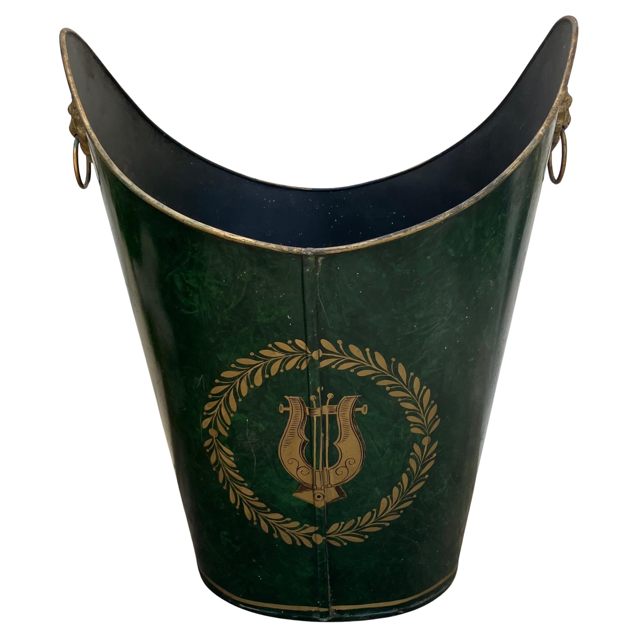 Green Tole Wastebasket With Lion Ring Handles For Sale