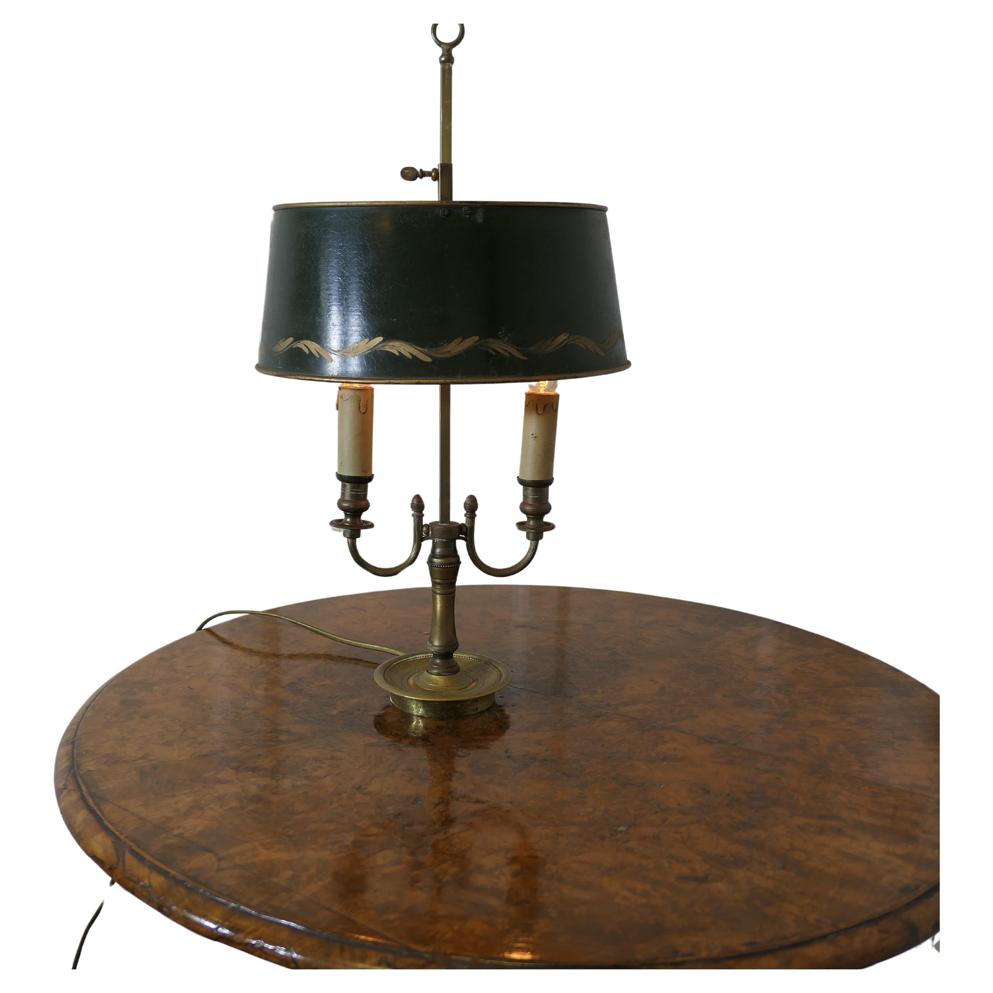 Green Toleware and Brass Twin Bouillotte Desk Lamp from France