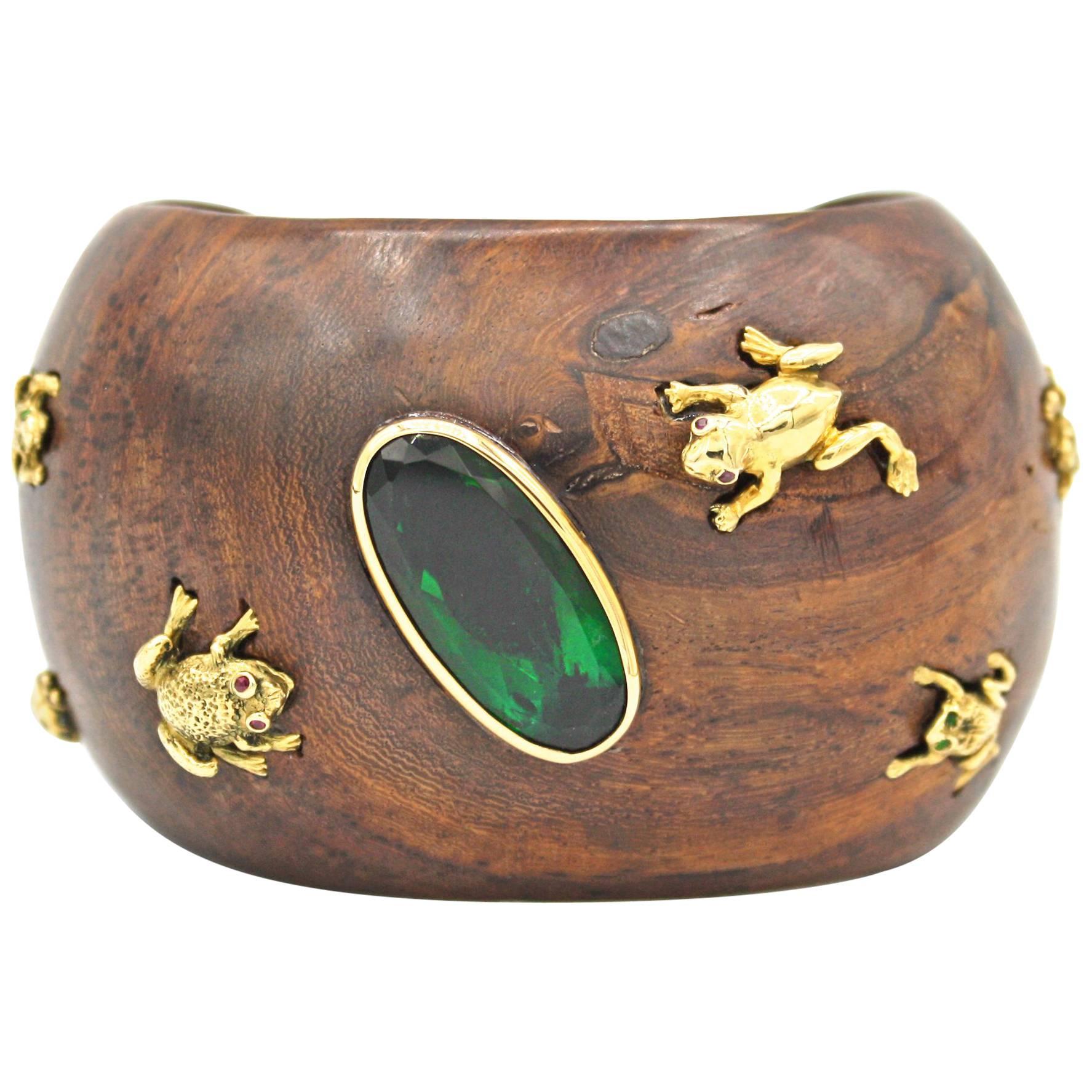 Green Topaz & Yellow Wood Cuff Bracelet For Sale