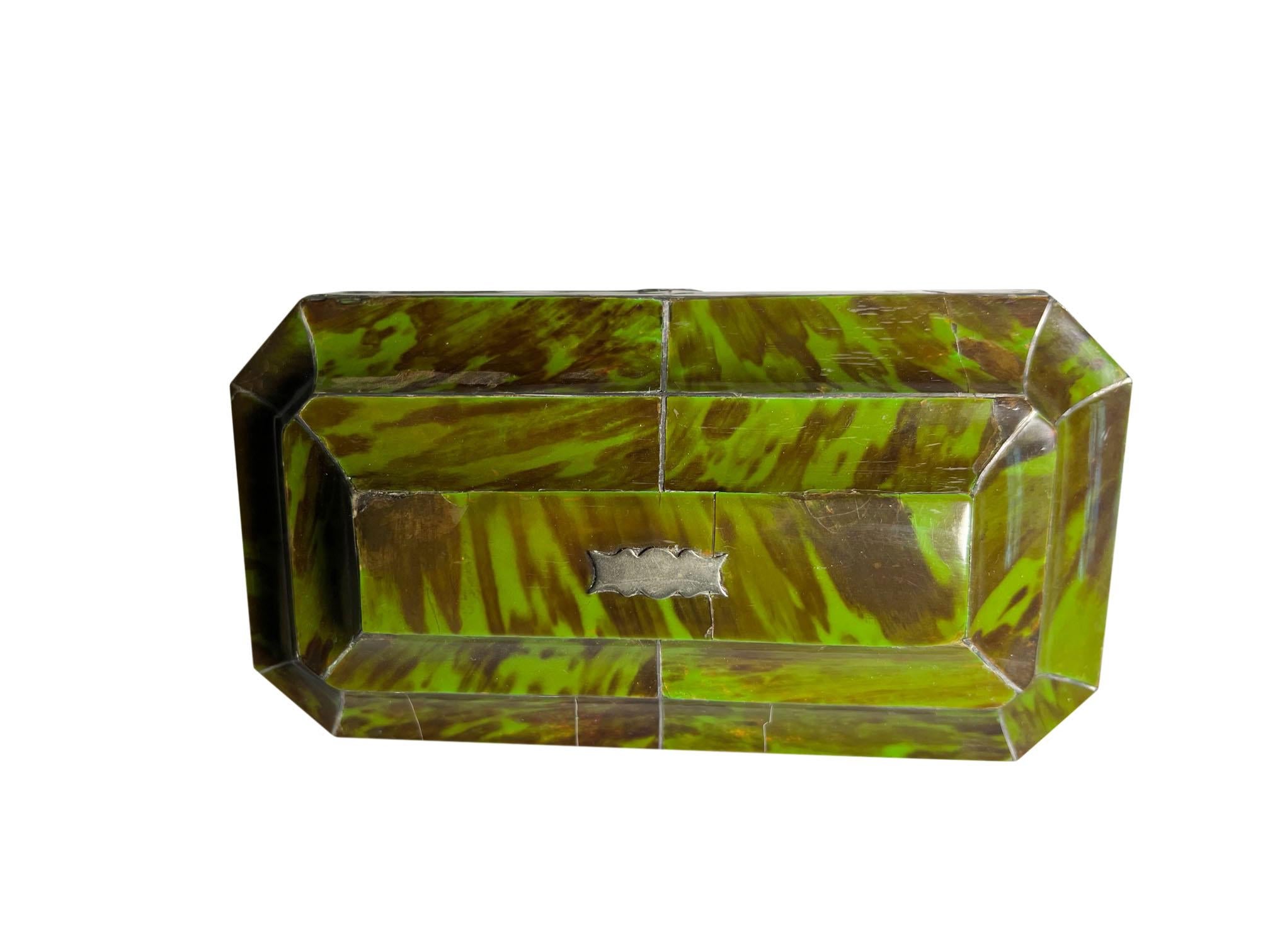 English Green Tortoiseshell Tea Caddy For Sale