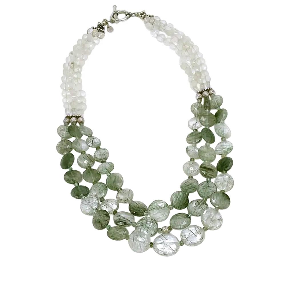 Bead Green Tourmalinated Quartz Triple Strand Necklace For Sale
