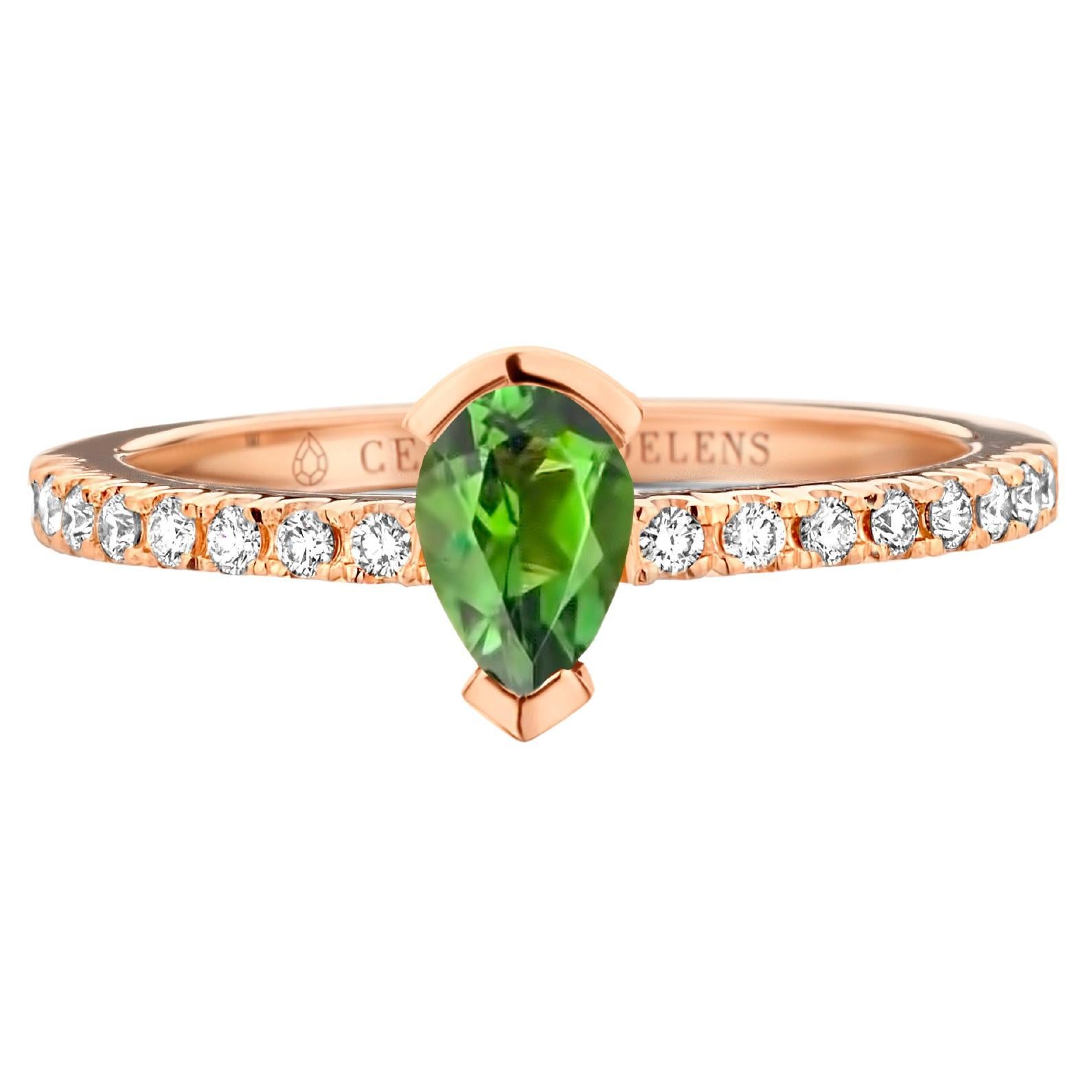 Green Tourmaline 0.78 Carat 18k Rose Gold Diamond Engagement Ring For Sale