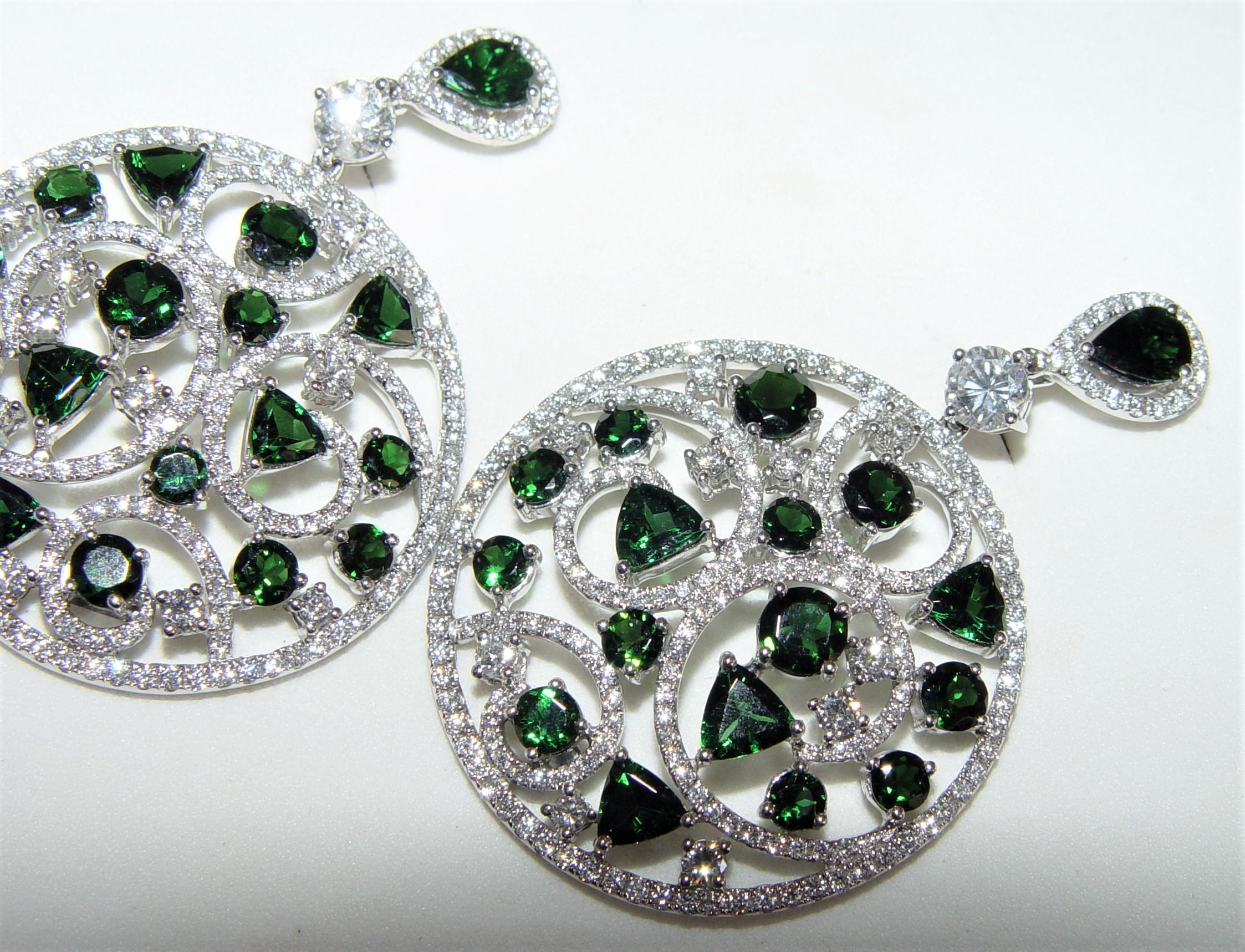Green Tourmaline 11.64CT Diamond Chandelier Earrings 18K 55MM In New Condition For Sale In Chicago, IL