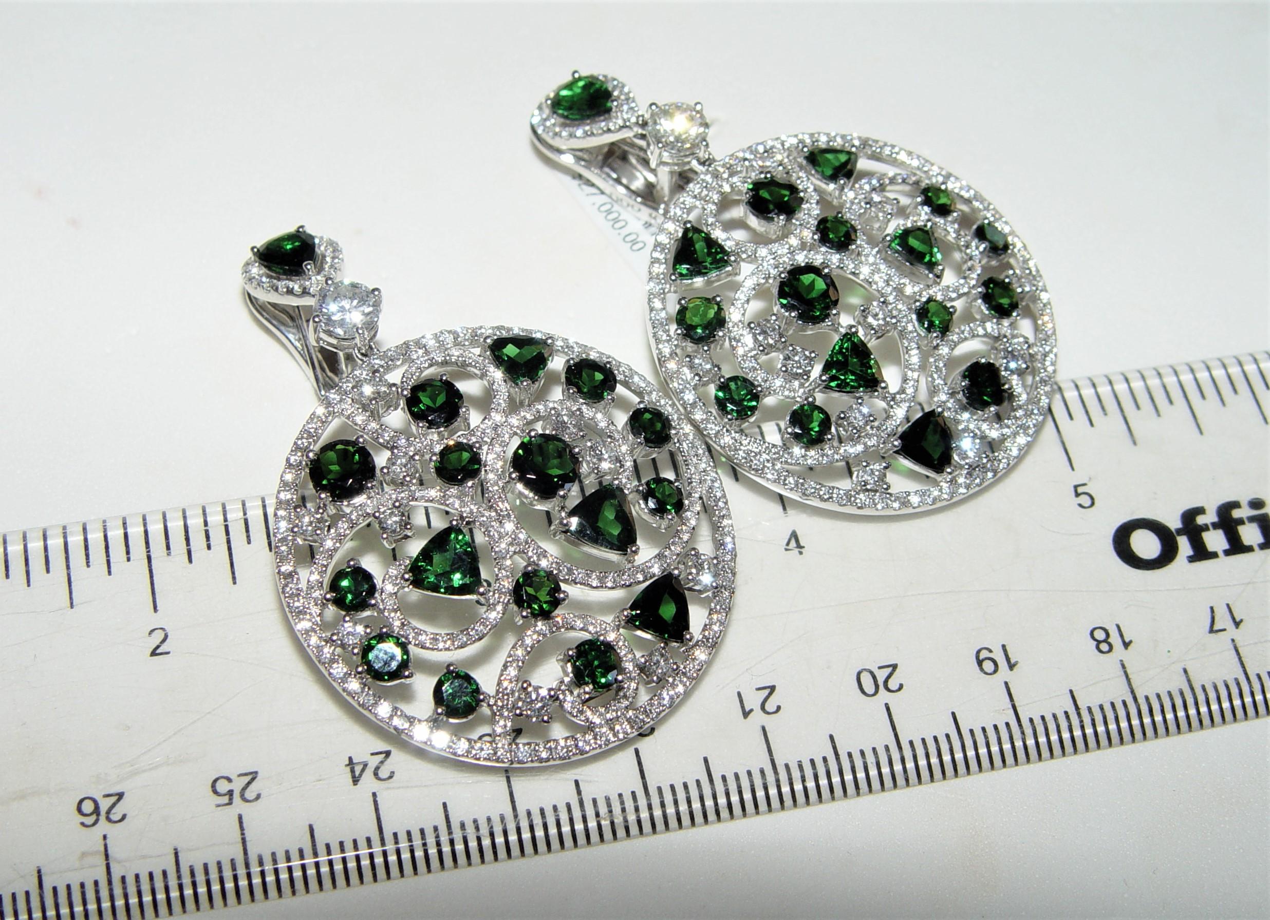 Green Tourmaline 11.64CT Diamond Chandelier Earrings 18K 55MM For Sale 2