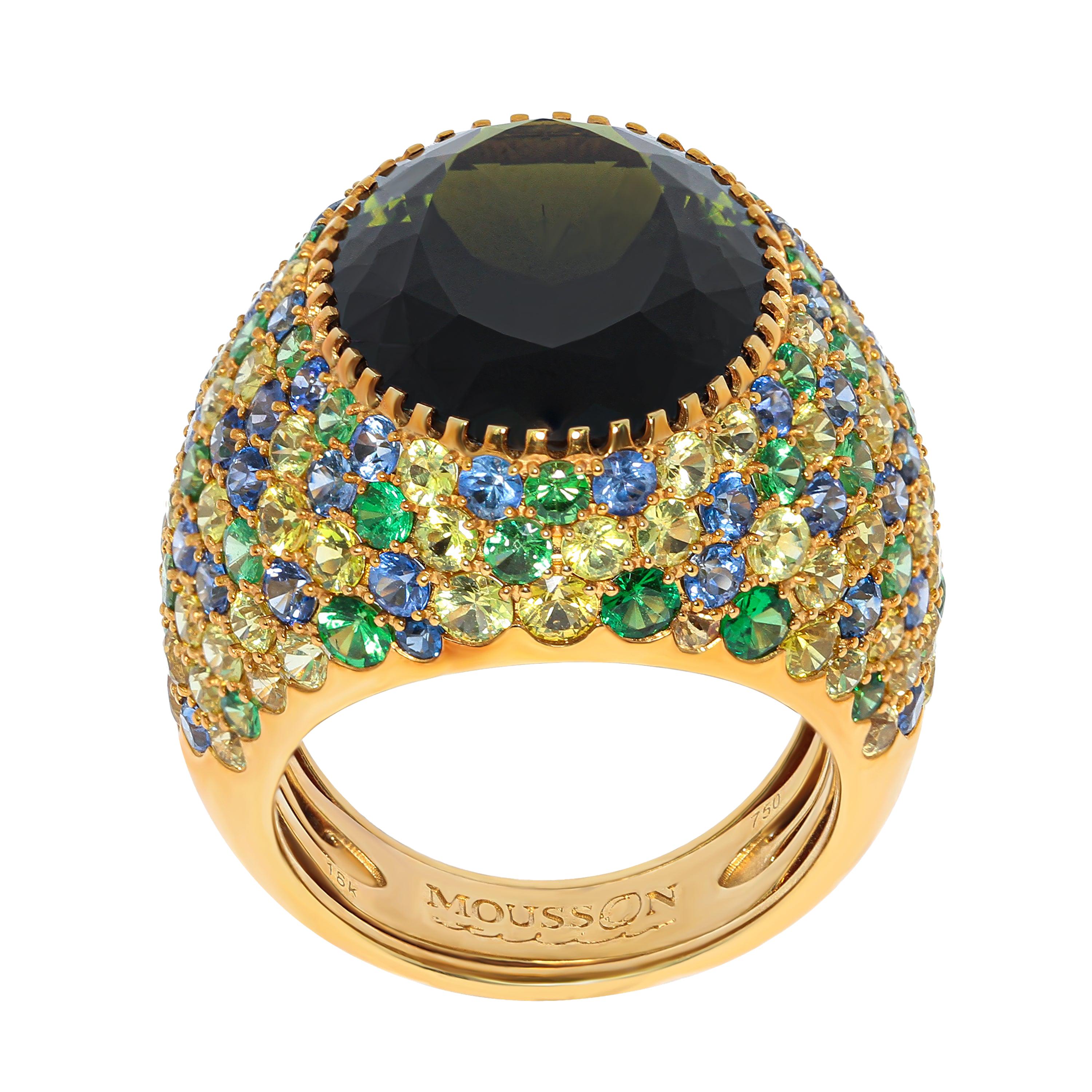Green Tourmaline 11.94 Carat Sapphires 18 Karat Yellow Gold Riviera Ring