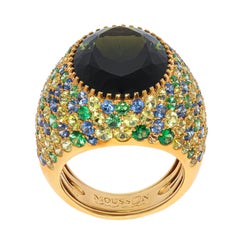 Turmalina verde Zafiros de 11,94 quilates Anillo Riviera de oro amarillo de 18 quilates
