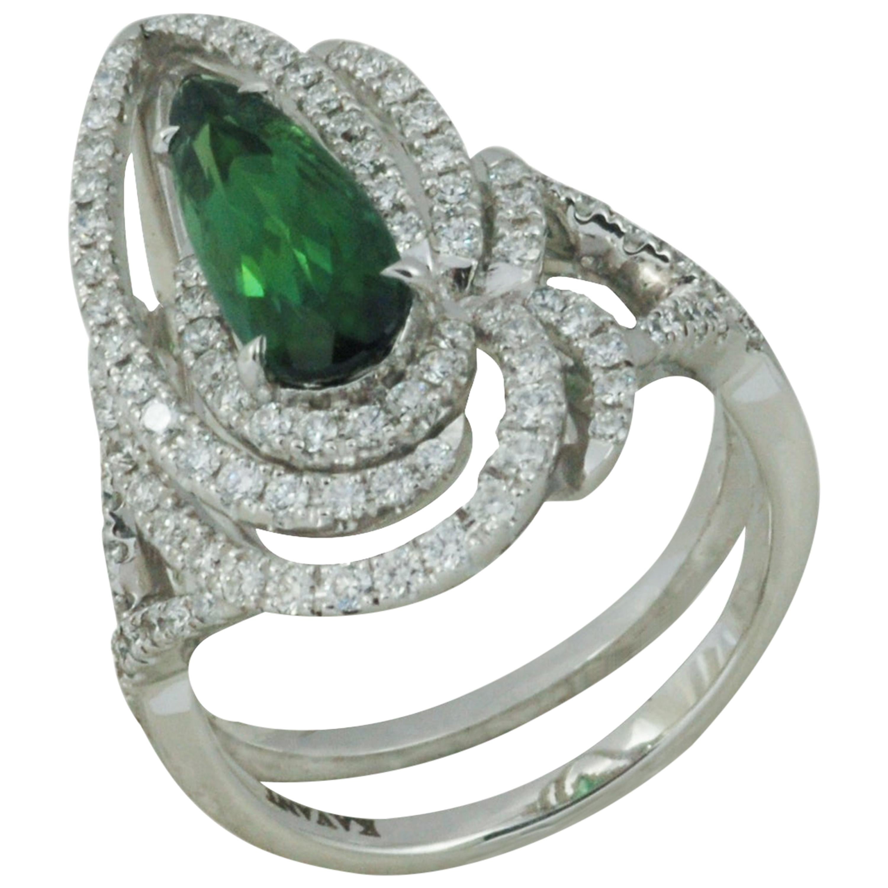 Green Tourmaline 1.45 Carat with Diamond 0.62 Ct Ring in 18k White Gold Settings For Sale