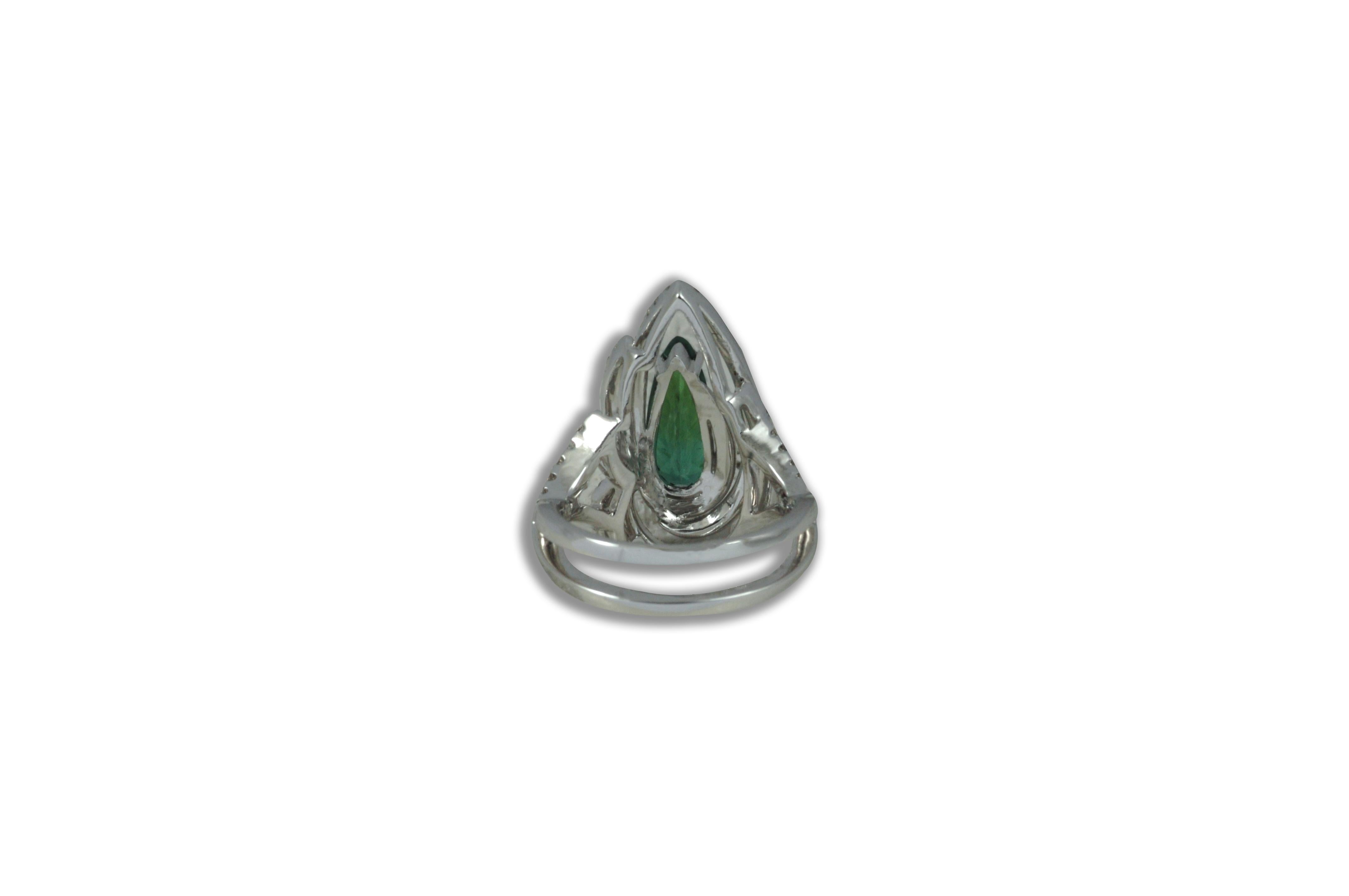 Pear Cut Green Tourmaline 1.45 Carat with Diamond 0.62 Ct Ring in 18k White Gold Settings For Sale