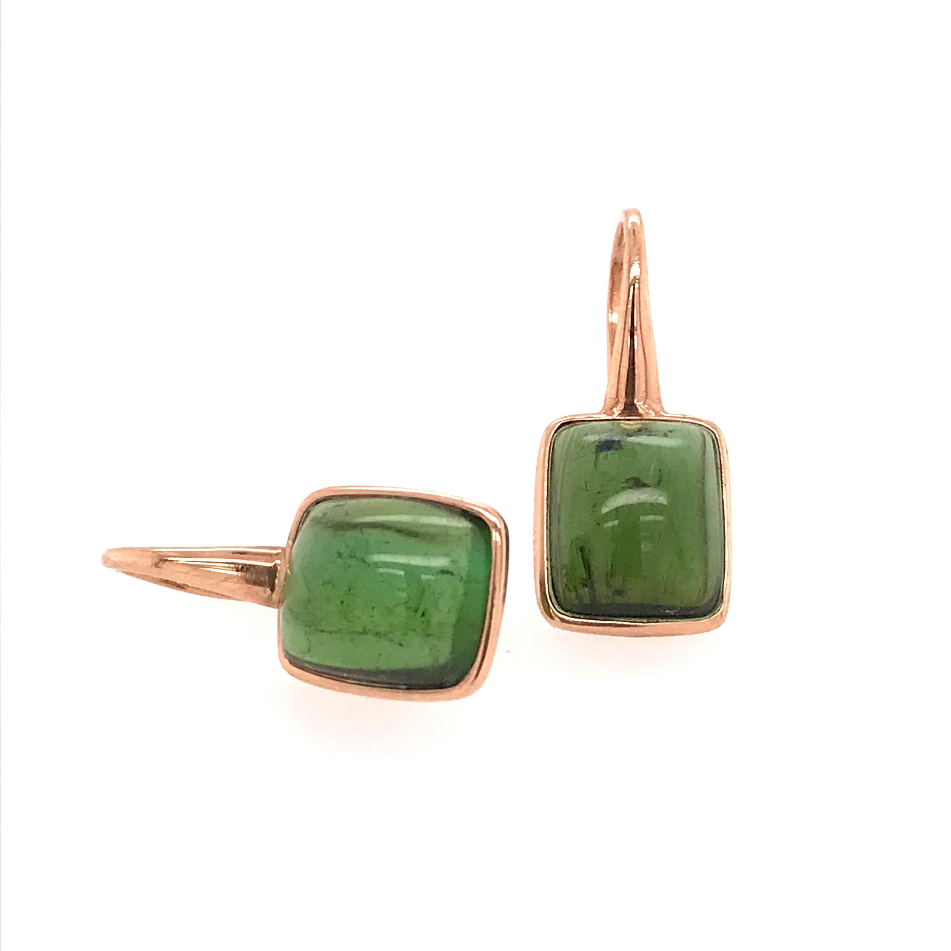 Green Tourmaline 14.7 Carat on Pink Gold 18 Karat Drop Earrings In New Condition In Vannes, FR