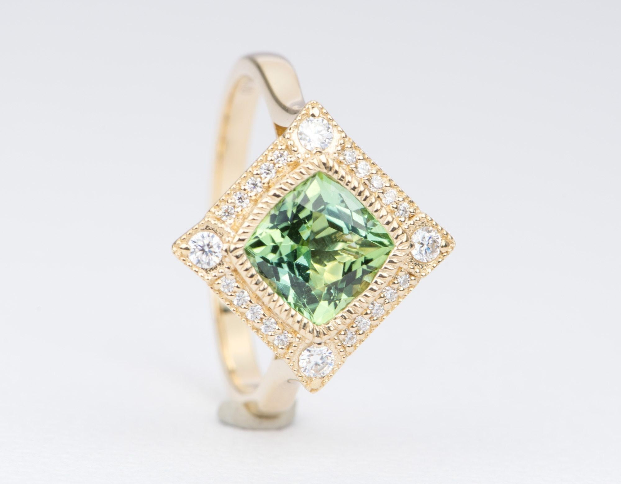 1.5ct Mint Green Tourmaline 14K Gold Moissanite Halo Engagement Ring AD2219-3 In New Condition For Sale In Osprey, FL