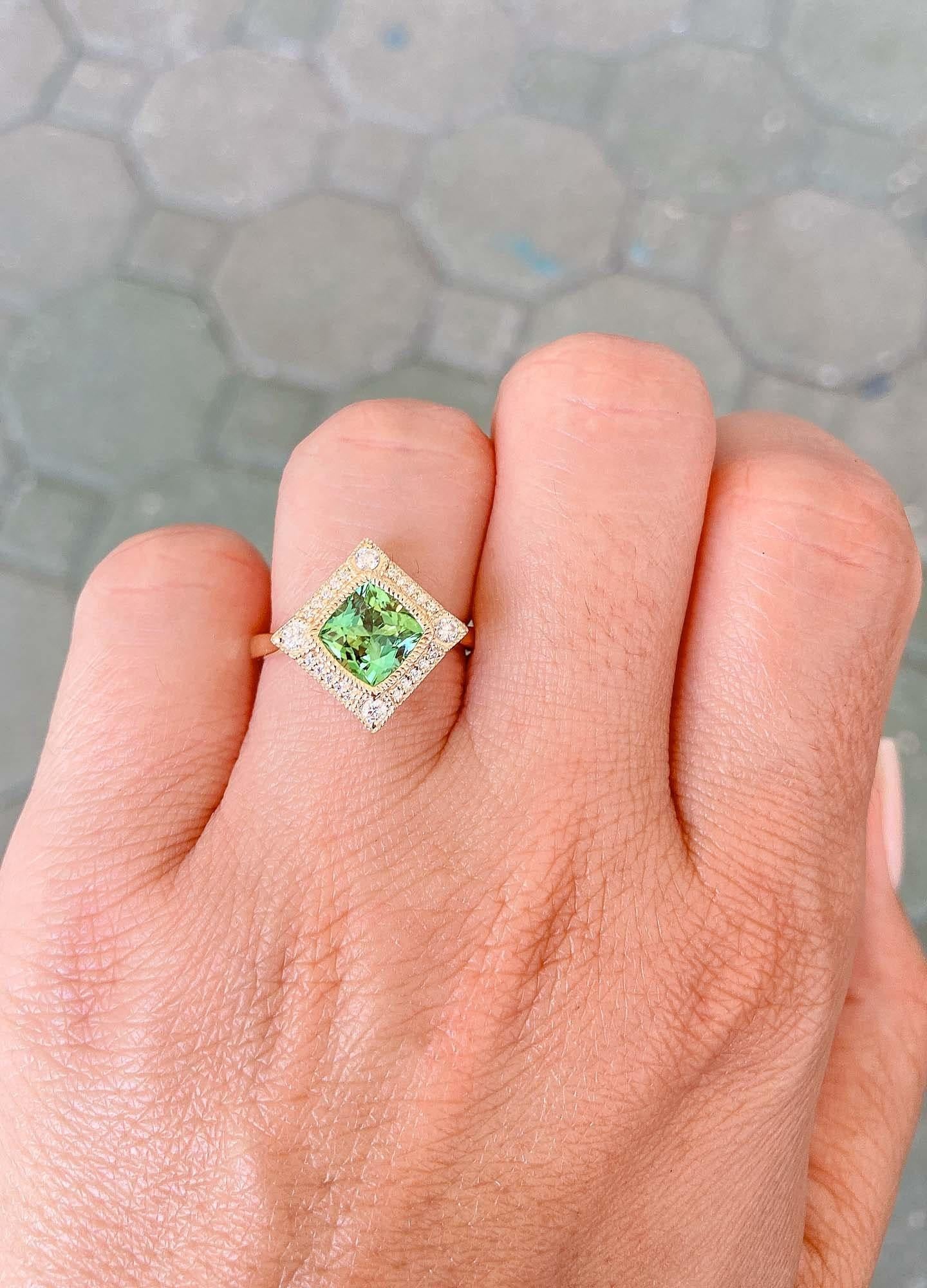 1.5ct Mint Green Tourmaline 14K Gold Moissanite Halo Engagement Ring AD2219-3 For Sale 1