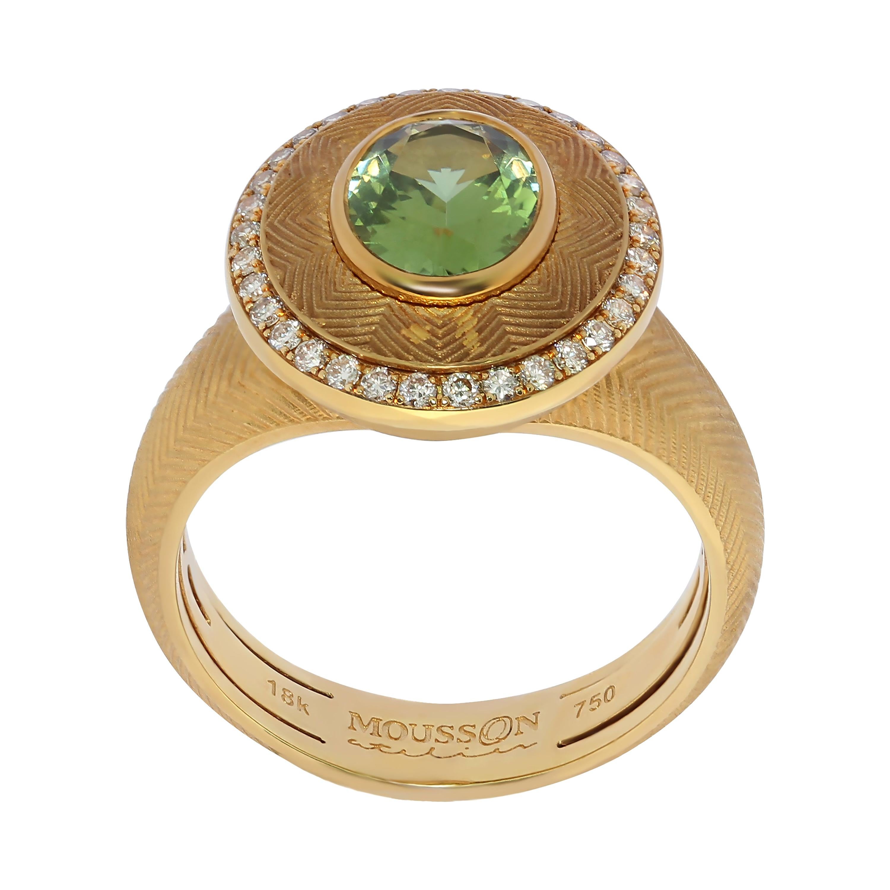 Grüner Turmalin 1,70 Karat Champagner-Diamanten 18 Karat Gelbgold Tweed-Ring