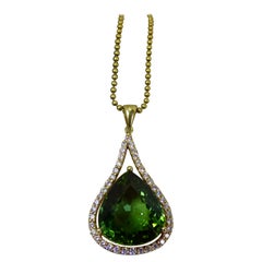 Green Tourmaline (17.82ct.) and Diamond Pendant in 18ct. Yellow Gold