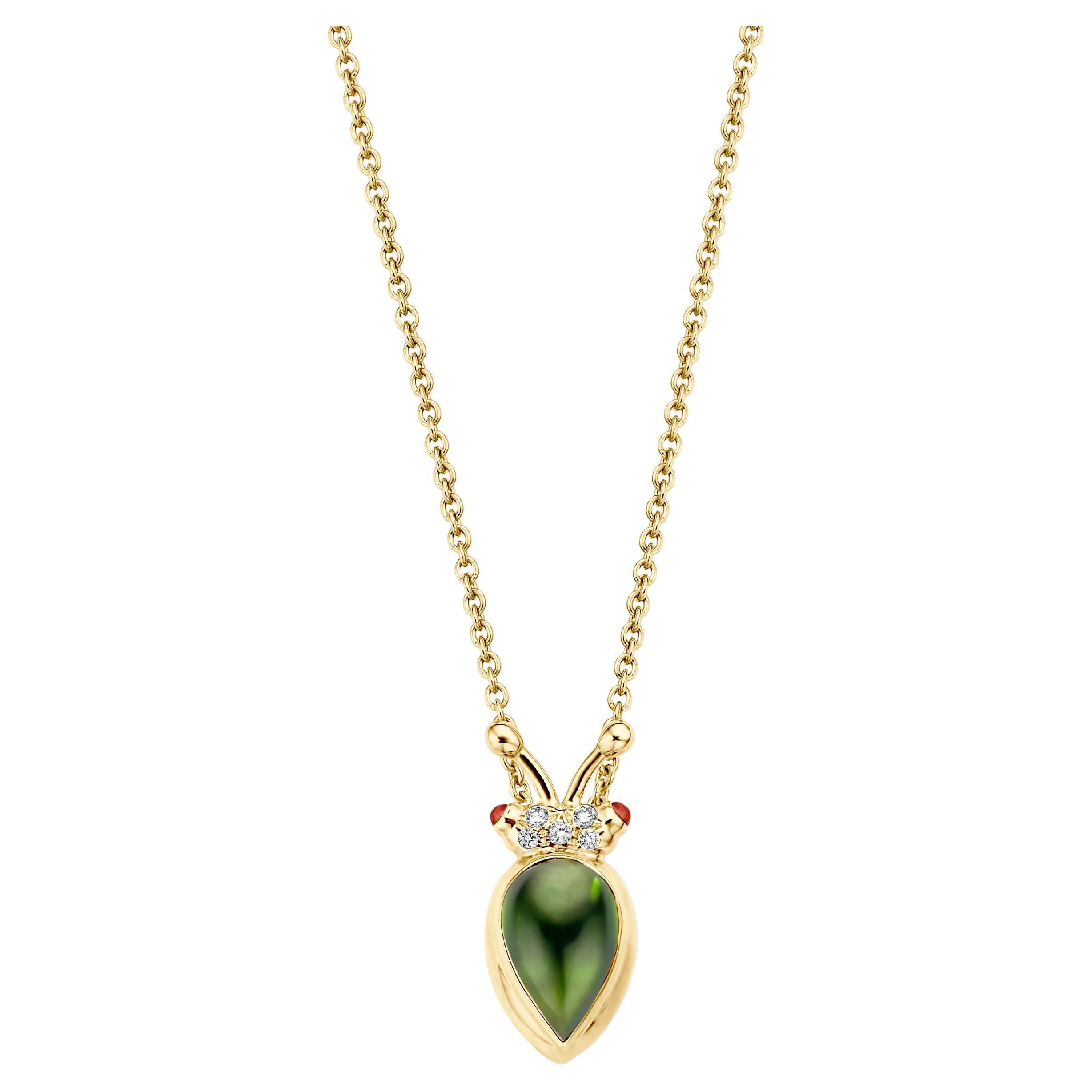 18 Karat Yellow Gold Green Tourmaline Diamond Pendant Necklace For Sale