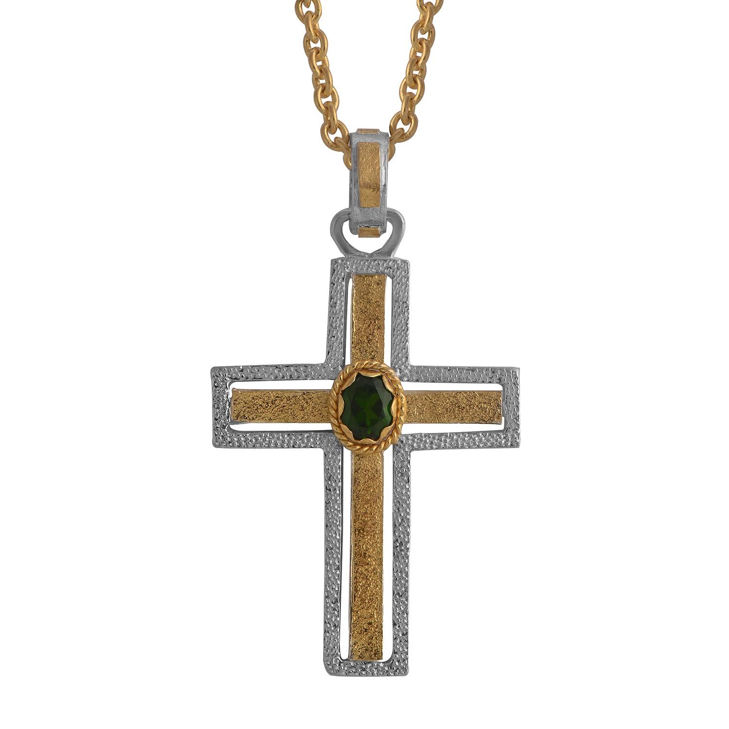 Emerald Cut Green Tourmaline 18k Gold Silver Cross Pendant For Sale