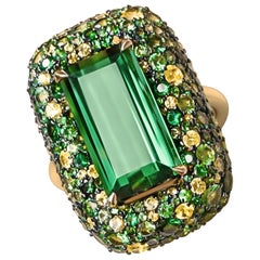 Green Tourmaline 19 Carat Yellow Sapphires Tsavorites Yellow Gold Cocktail Ring
