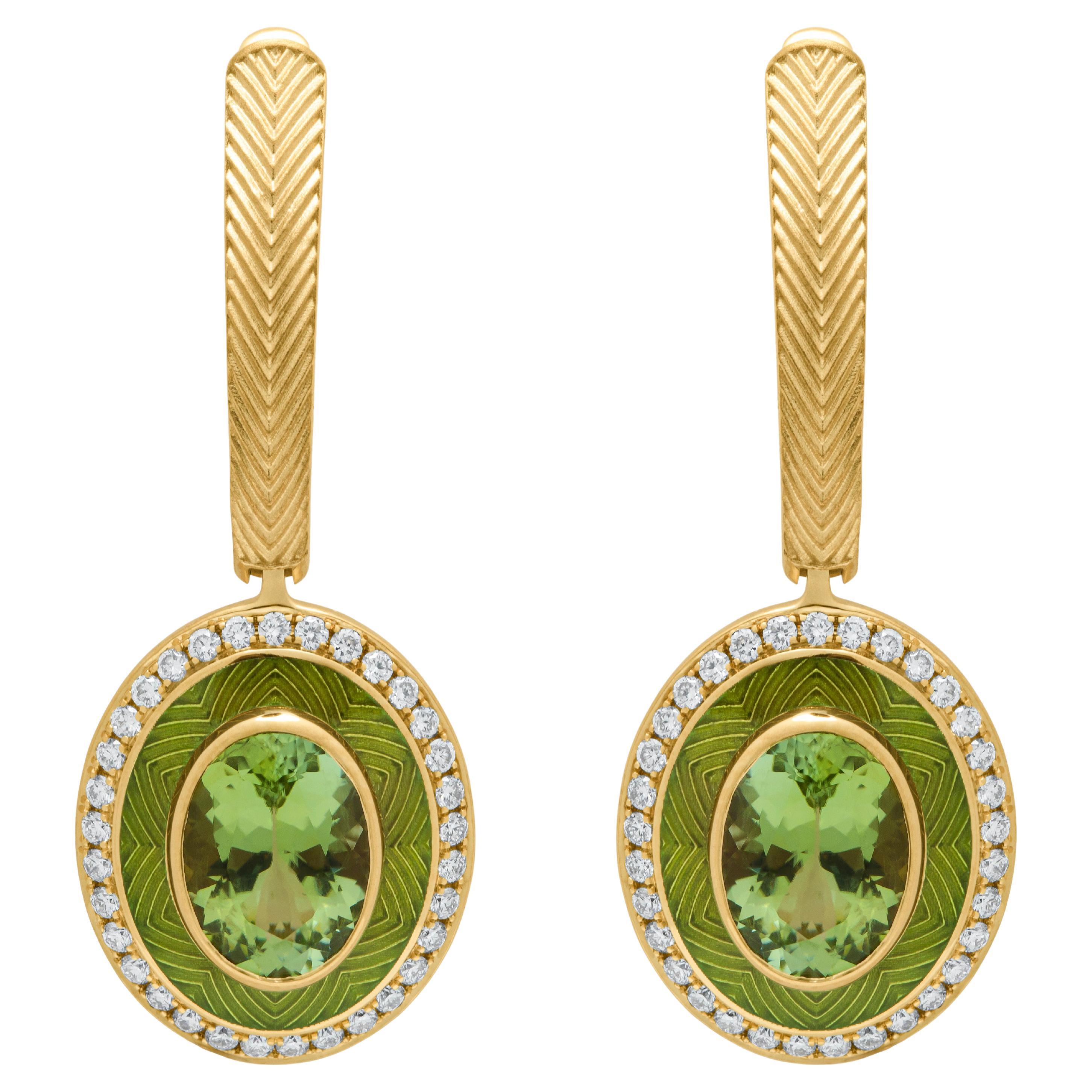 Green Tourmaline 2.40 Carat Diamonds Enamel 18 Karat Yellow Gold Tweed Earrings For Sale