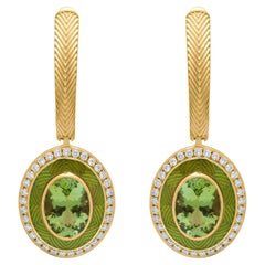Green Tourmaline 2.40 Carat Diamonds Enamel 18 Karat Yellow Gold Tweed Earrings