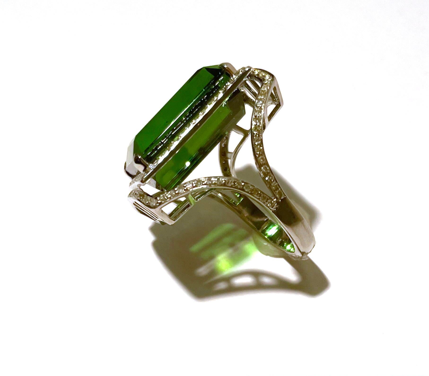 Description
Large, clear emerald cut Green Tourmaline in a unique setting with pave diamonds and 14k white gold.
Item # R178

Materials and Weight
Green tourmaline 19x15x9mm, 25.27cts, emerald cut
Diamonds 0.94cts.
14k white gold

Dimensions
Size