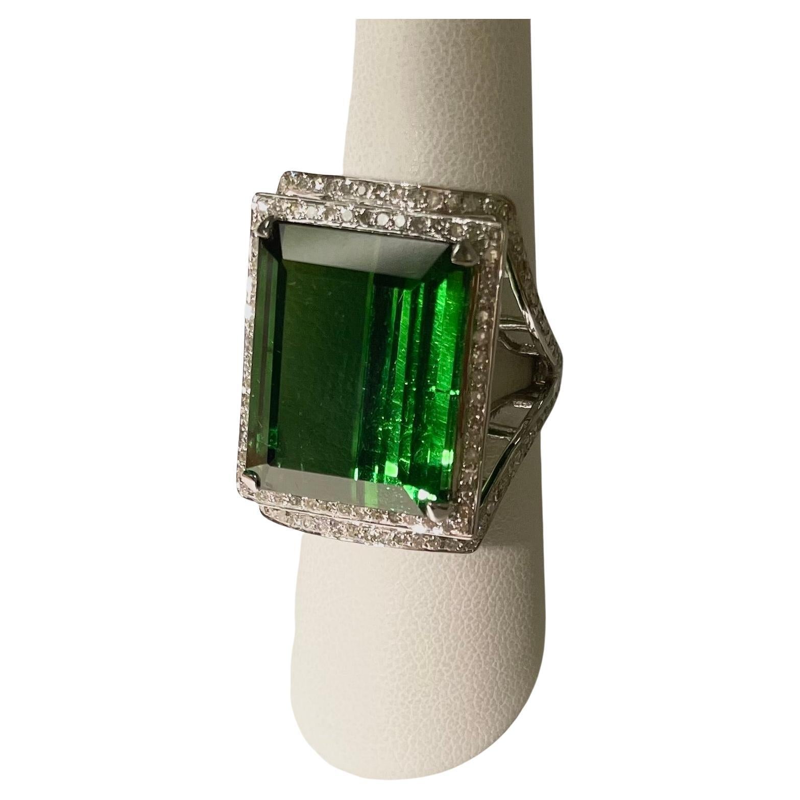 Artisan Green Tourmaline 25.2cts Emerald Cut with Pave Diamonds Ring For Sale