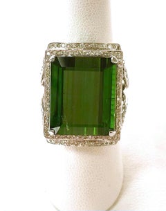 Green Tourmaline 25.2cts Emerald Cut with Diamonds Ring