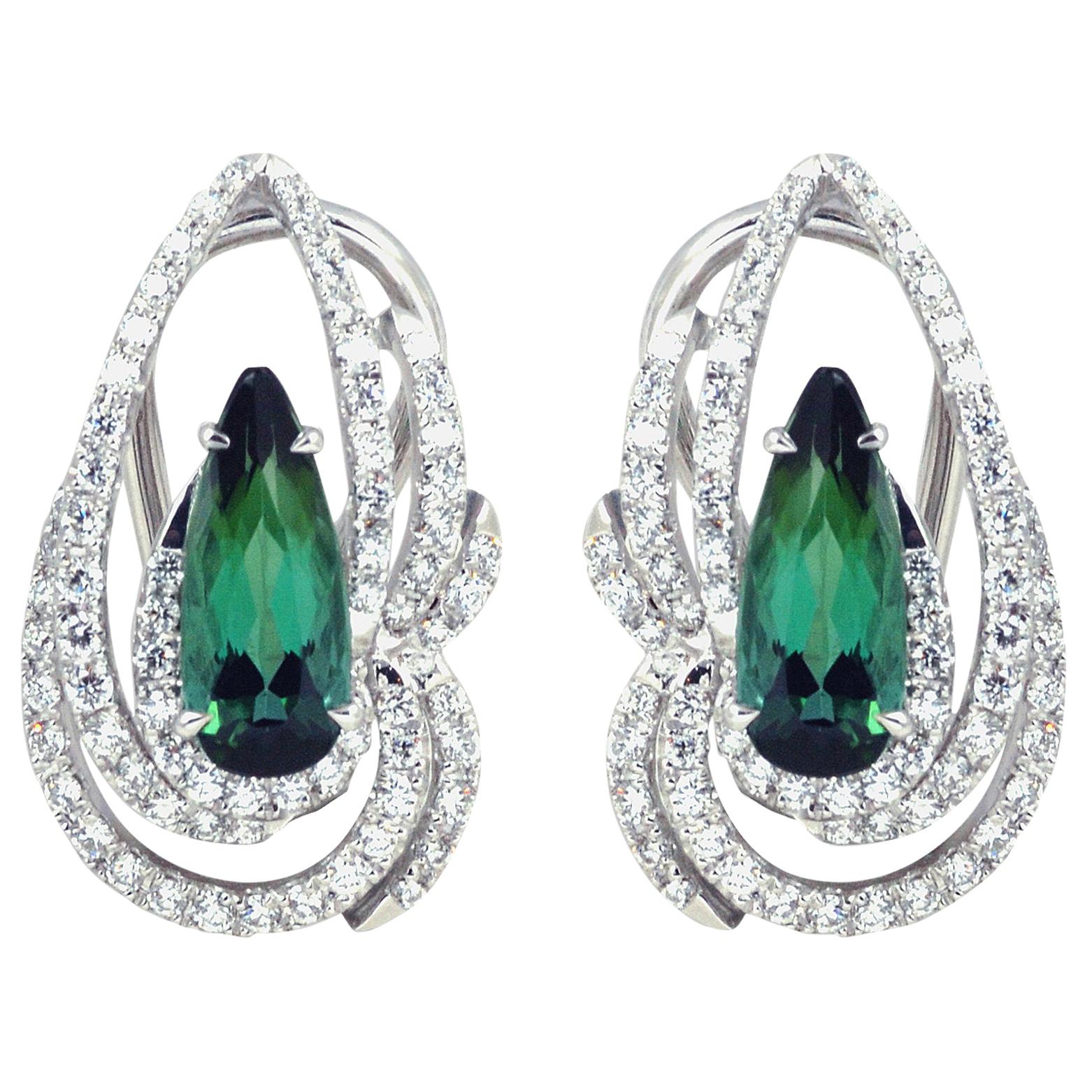 Green Tourmaline 2.92 Carat, Diamond 0.96 ct Earrings in 18k White Gold Settings