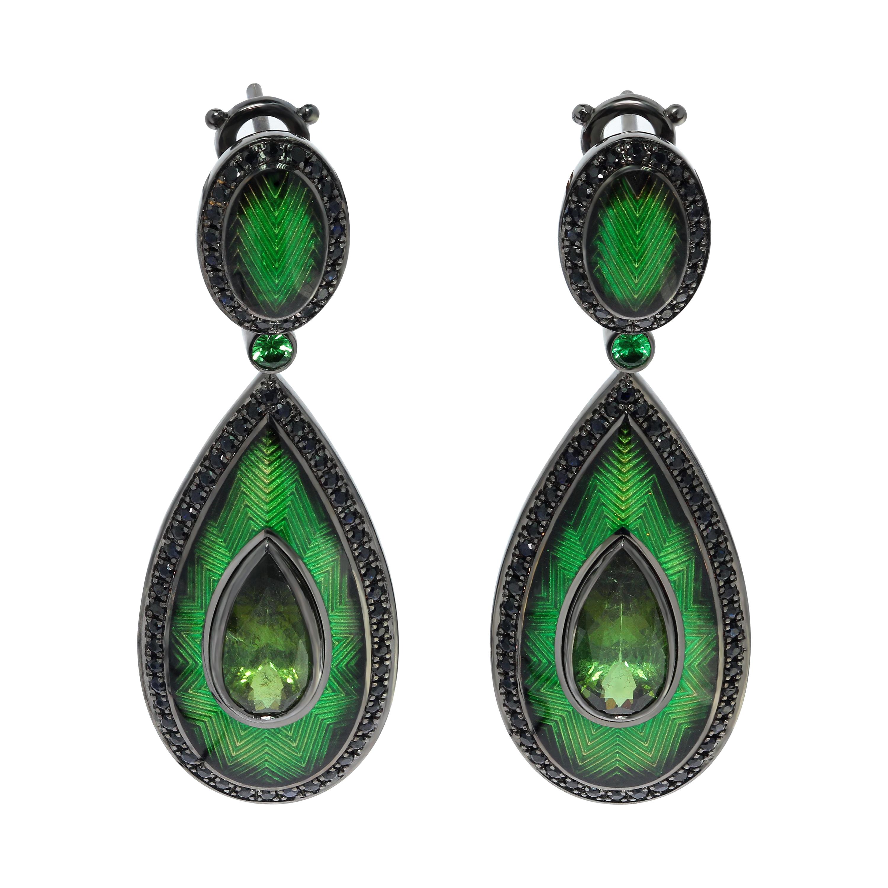 Green Tourmaline 3.64 Carat Black Sapphire 18 Karat Black Gold Enamel Earrings