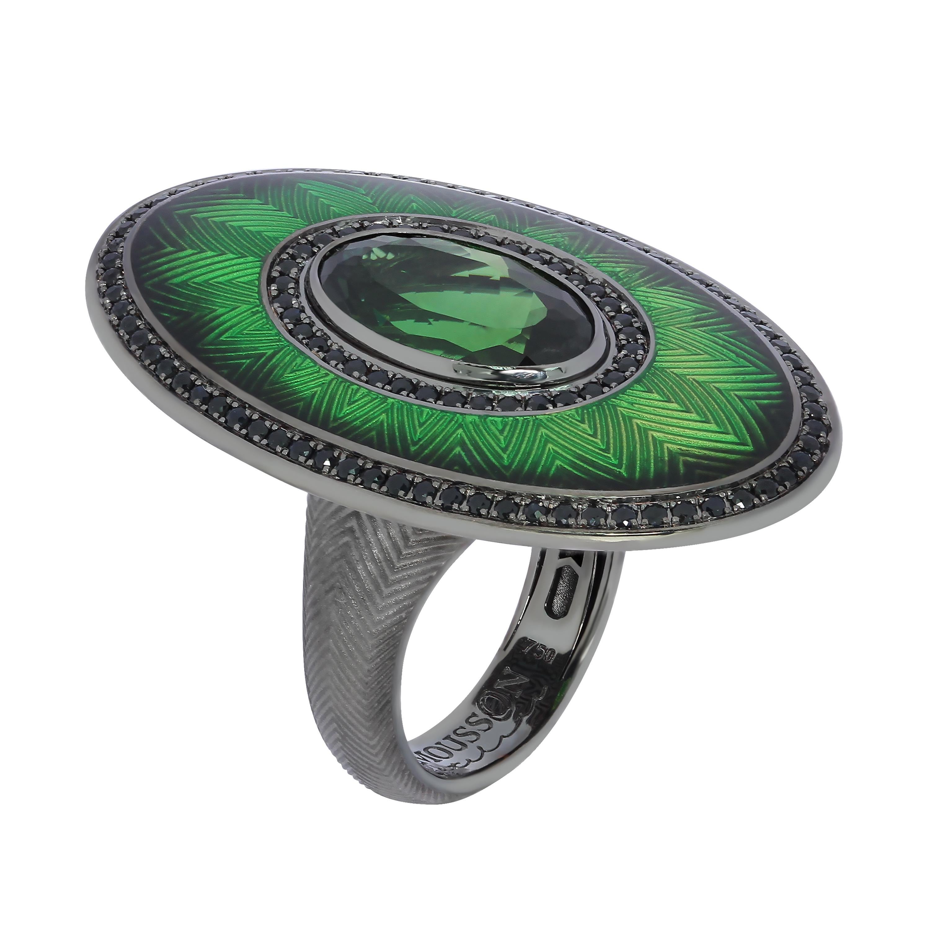 Green Tourmaline 5.15 Carat Black Sapphire 18 Karat Black Gold Enamel Ring
We present you a Ring from our signature collection 