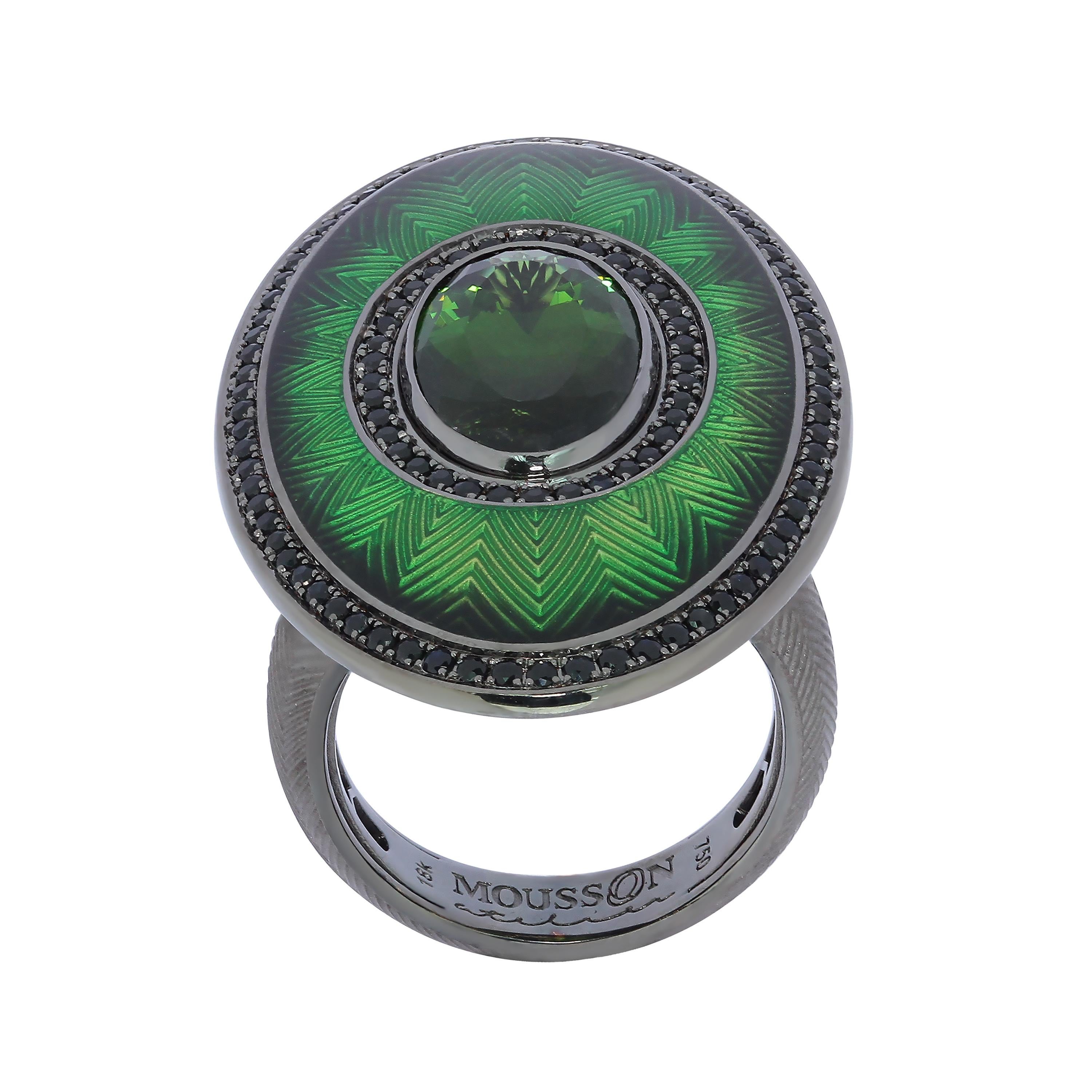Neoclassical Green Tourmaline 5.15 Carat Black Sapphire 18 Karat Black Gold Enamel Ring For Sale