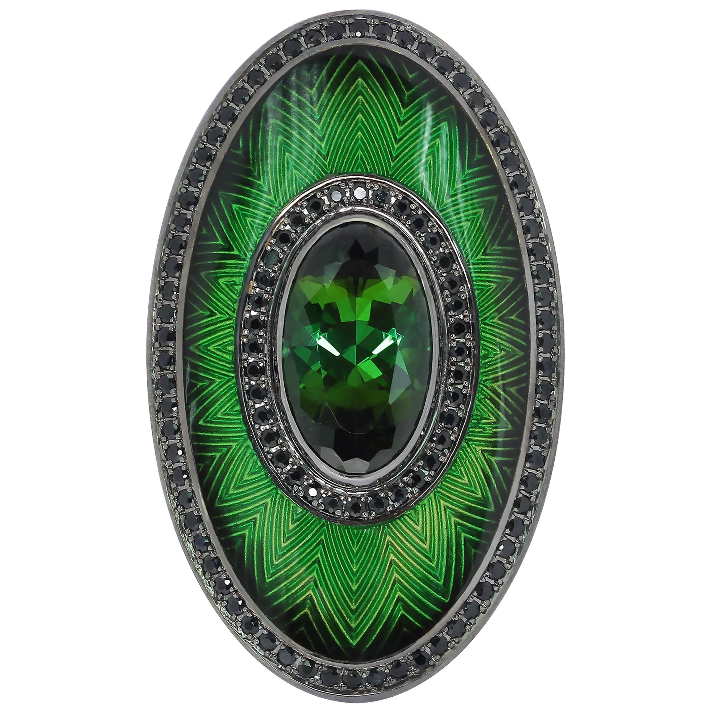 Green Tourmaline 5.15 Carat Black Sapphire 18 Karat Black Gold Enamel Ring