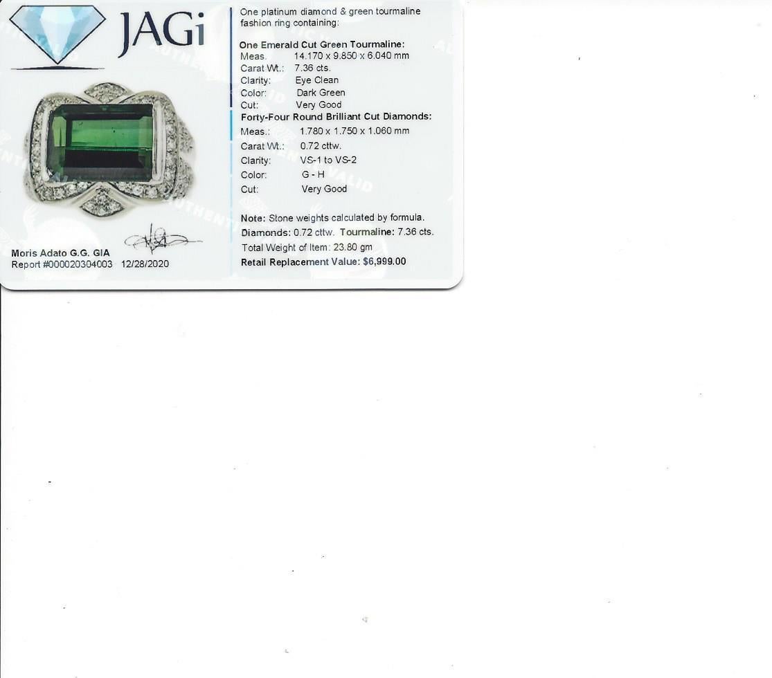 Green Tourmaline 7.36 Carat Emerald Cut and Pave Diamond Platinum Ring For Sale 4
