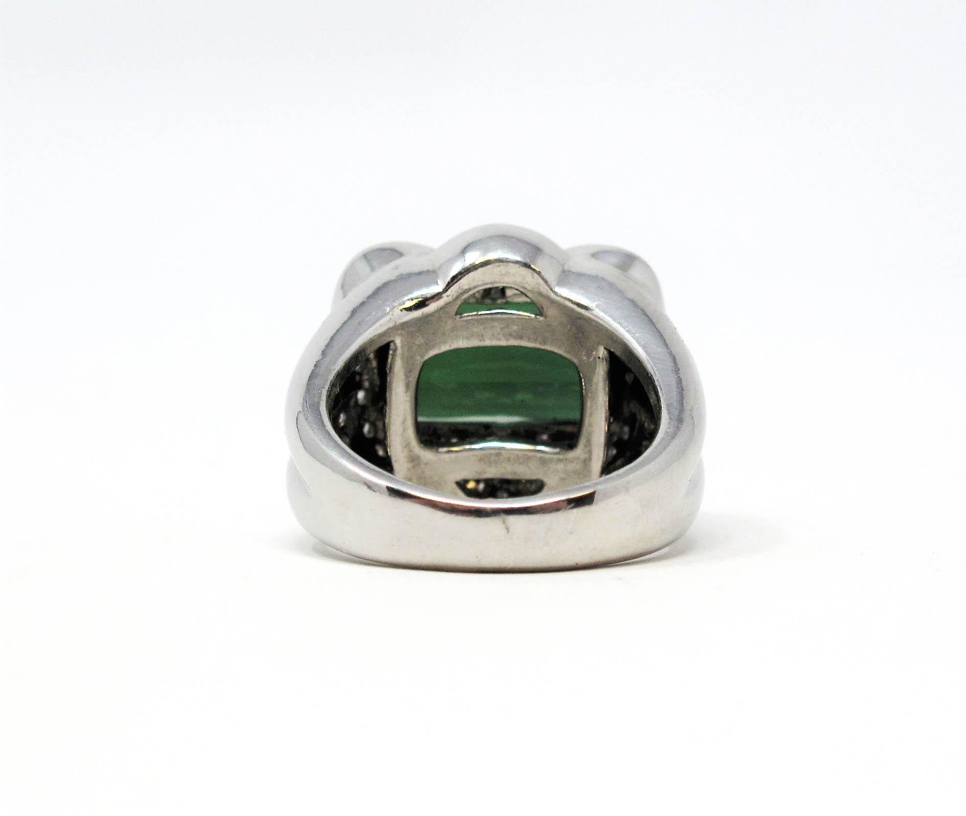 Green Tourmaline 7.36 Carat Emerald Cut and Pave Diamond Platinum Ring In Good Condition For Sale In Scottsdale, AZ
