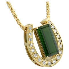 Green tourmaline 7.64 Ct Diamonds Pendant with Chain 18 Yellow Gold Lucky Charm