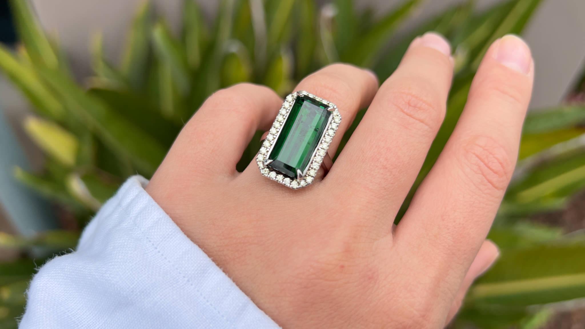 Emerald Cut Green Tourmaline 8 Carat Ring with Diamonds 18k Gold For Sale