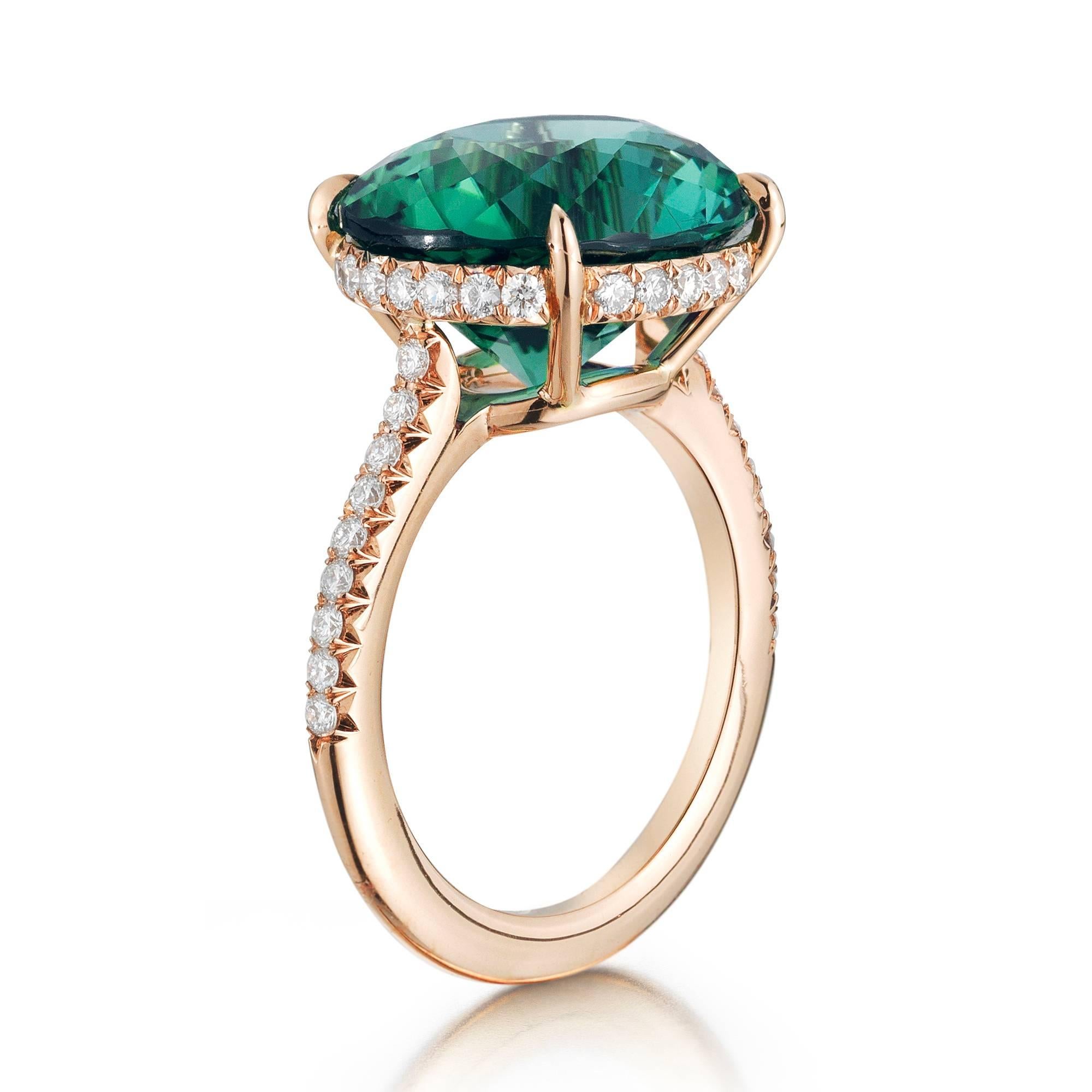 18kt rose gold ring set with an oval green tourmaline with diamond detail.

Each Paolo Costagli contemporary engagement ring is a one of a kind, handcrafted testament to your love story.

The beauty is in the details - from the combination of hues,